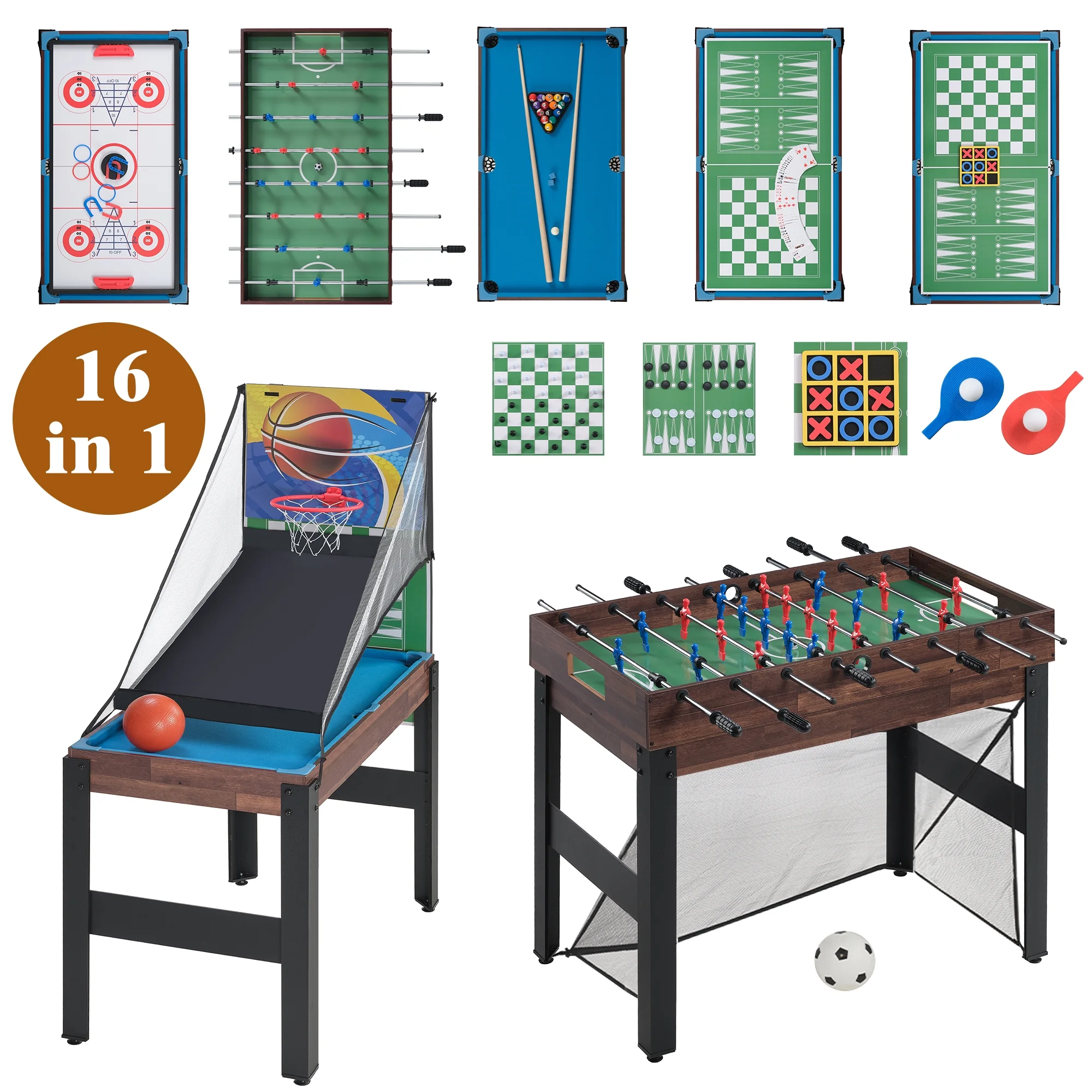 48'' 16 in 1 Multi Game Table Combo Game Table Set for Game Room, Multifunctional Game Table with Bow, Arrow, Basketball, Football, Hockey, Foosball, Shuffleboard, Ping Pong, Chess, Checkers, Bowling