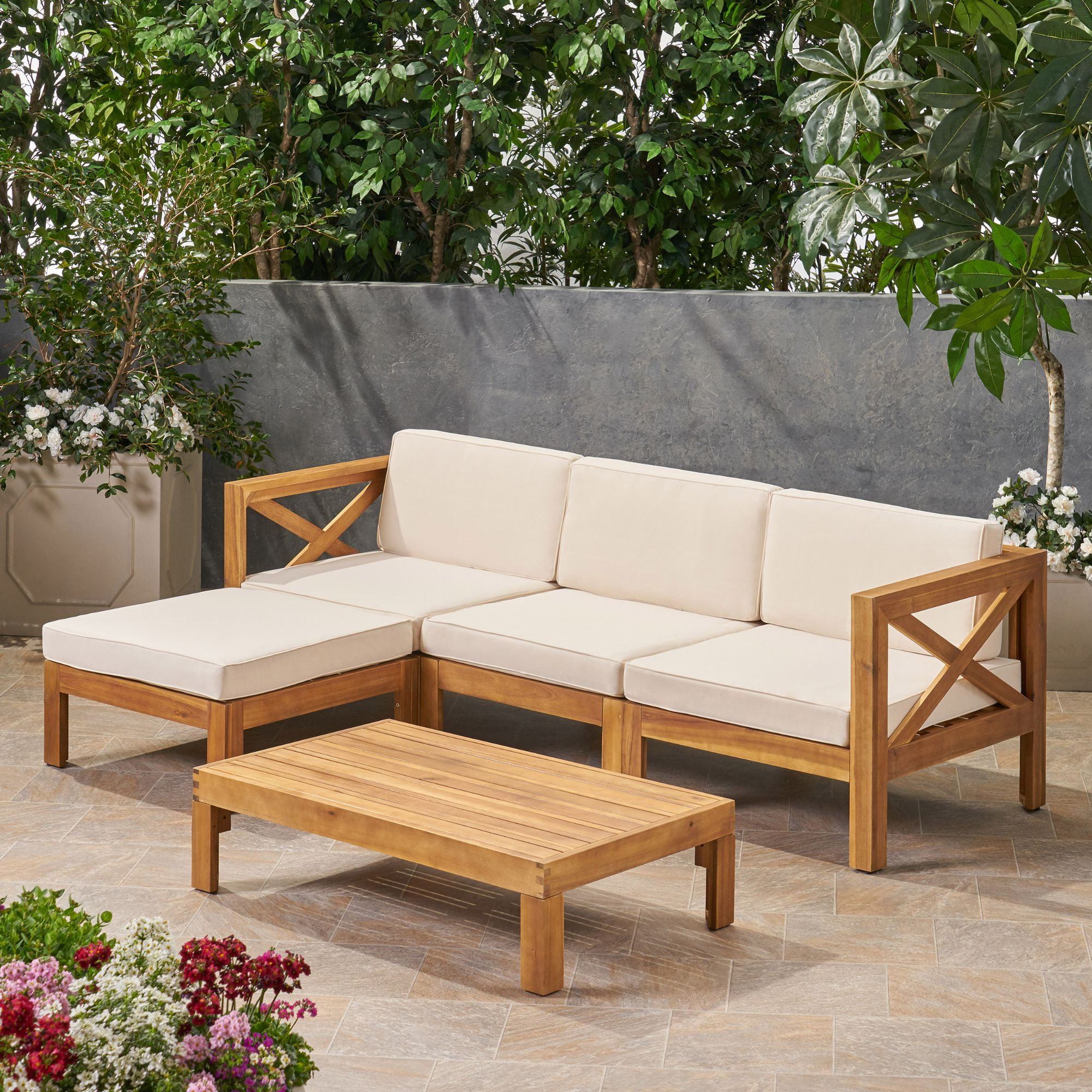 5-Piece Tawny Brown Contemporary Outdoor Furniture Conversation Set - Beige Cushions