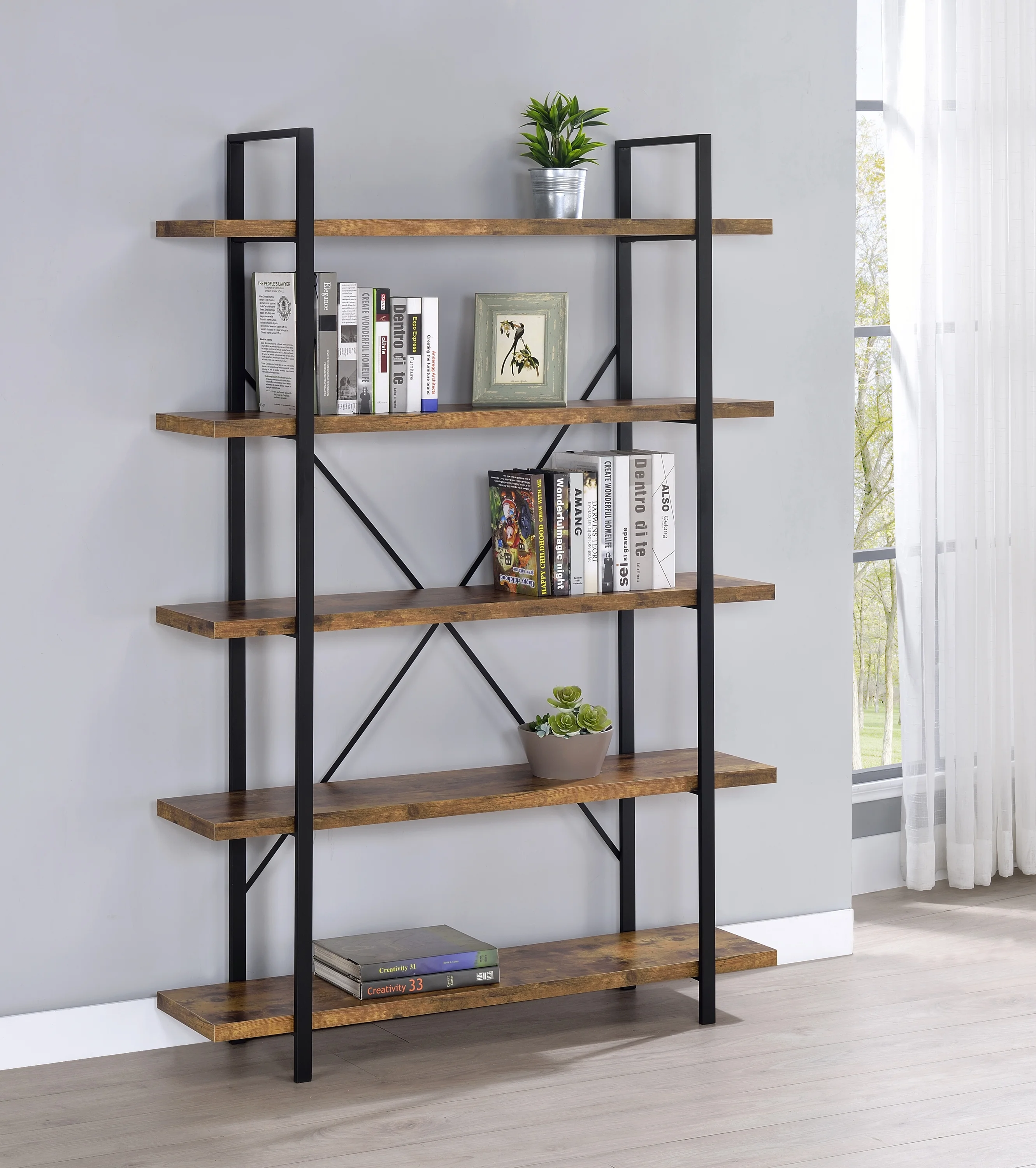 5-Shelf Bookcase Antique Nutmeg and Black