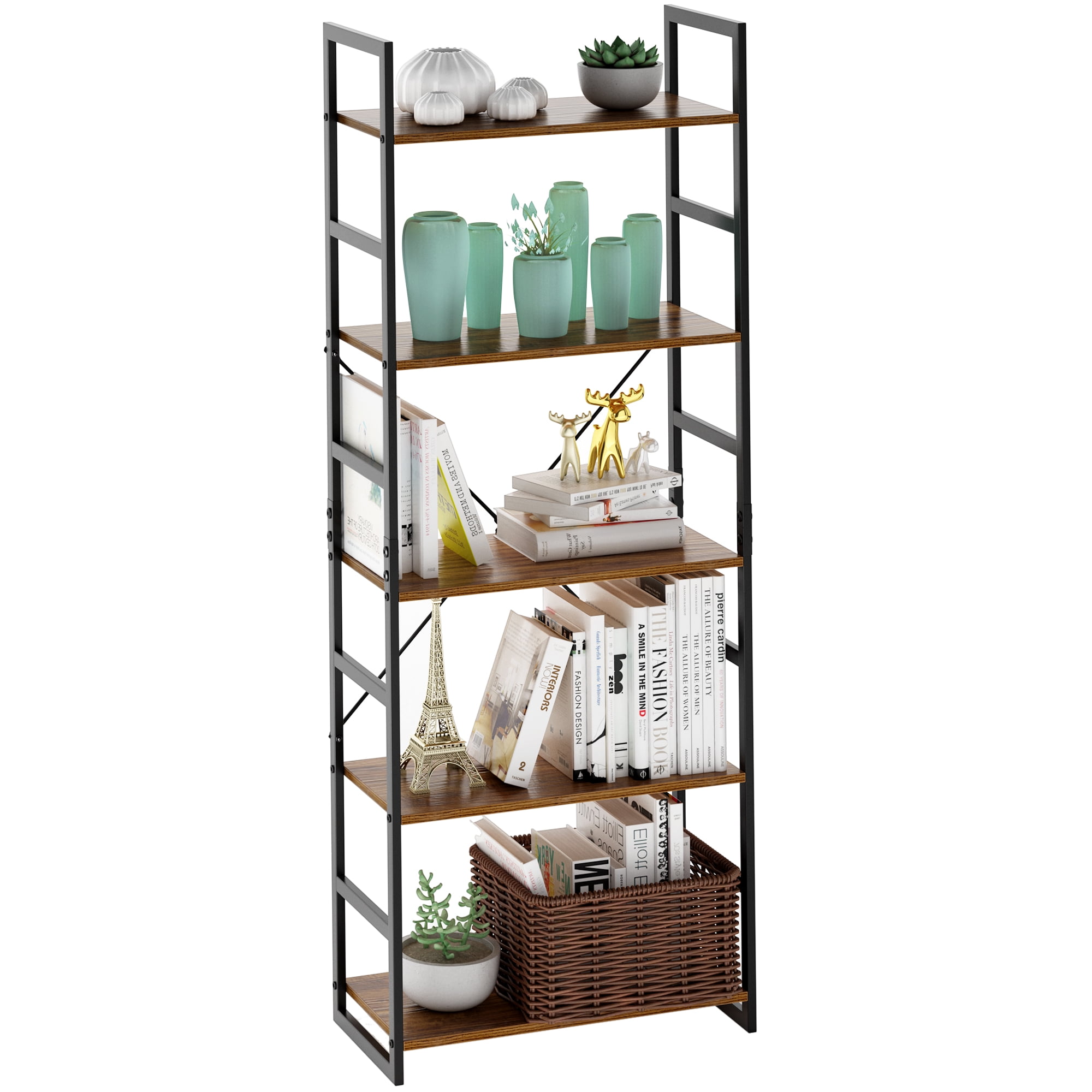 5 Tier LadderBookcase with Resistant with Iron Frame and with Wood Design Shelving Unit Perfect for Holding Books, Plants, Ornaments, and Other Items