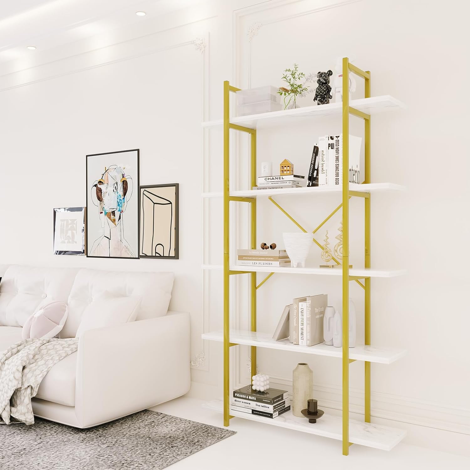 5 Tiers Bookshelf Organizer White Faux Marble Shelf,Modern Open Display Storage Bookcase, and Metal Bookshelf Standing Storage Shelf Tall Shelving Units for Home Office Study