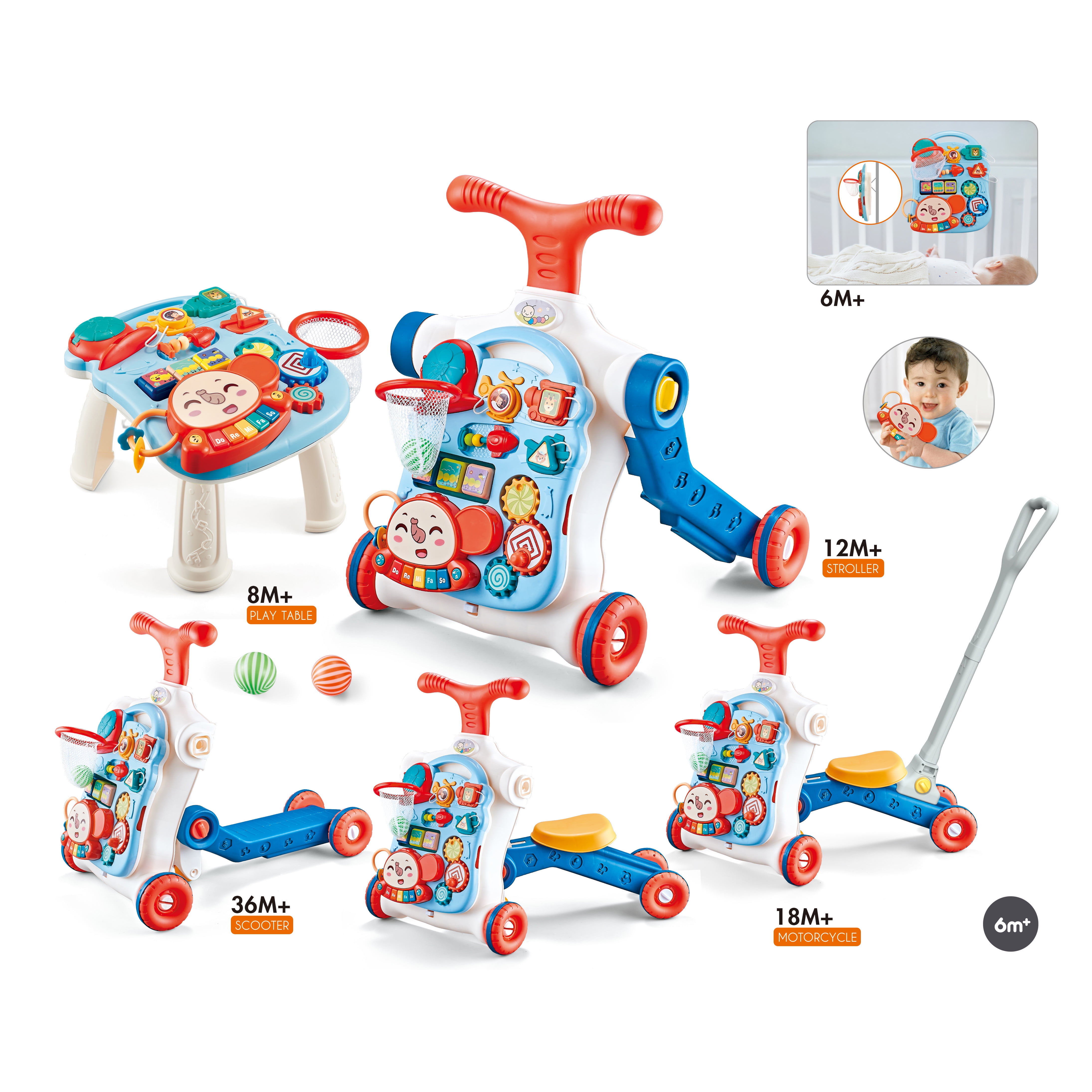5 in 1 Baby Walker for Girls Boys, Assemble as Scooter/Motorbike/Activity Center/Detachable Panel, Sit to Stand Learning Educational Toys Gift for Infants 6 9 12 18 24 Months