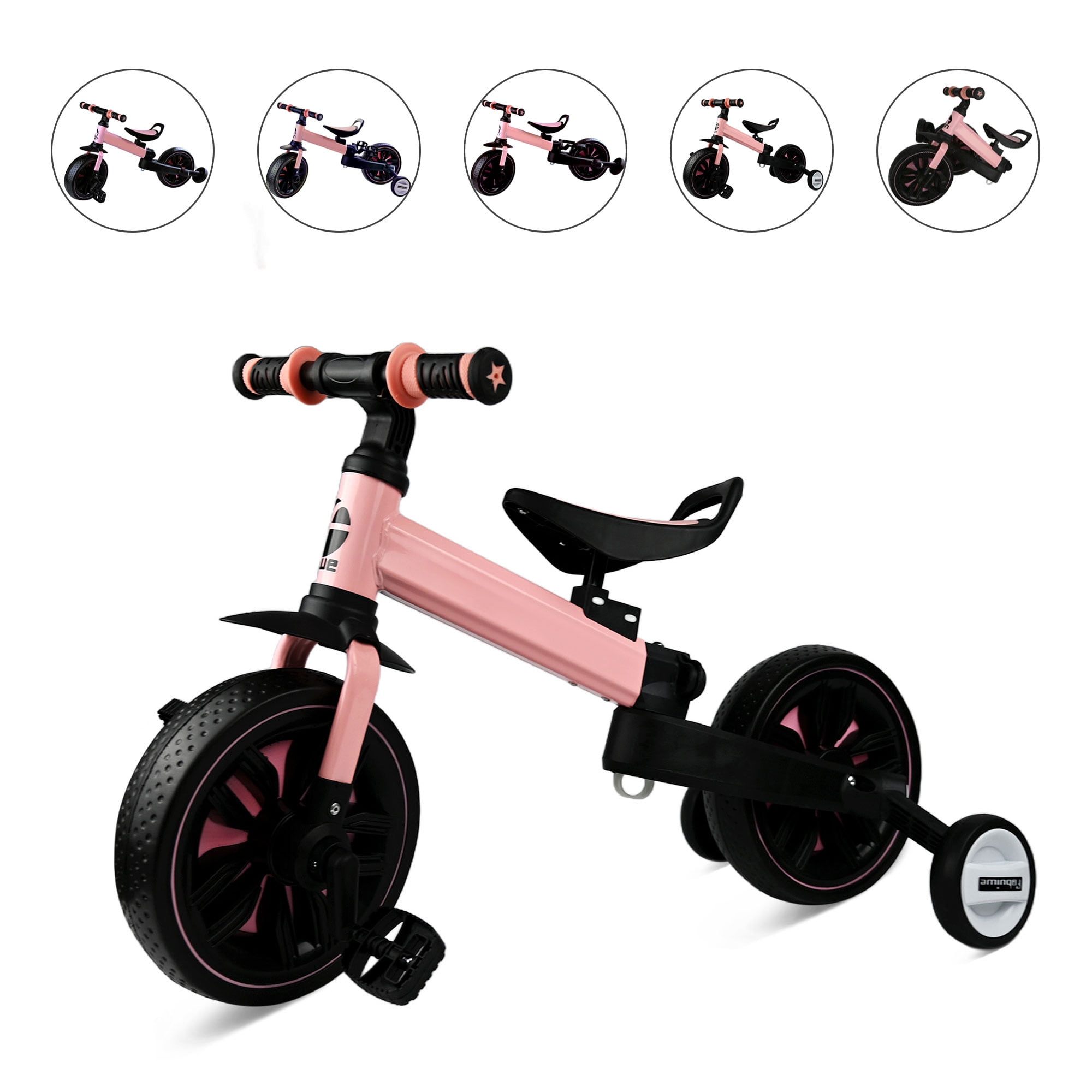 5 in 1 Toddler Bike for 1-3 Years Old Boys and Girls, Foldable Kids Trikes, Baby Balance Bike, Pink