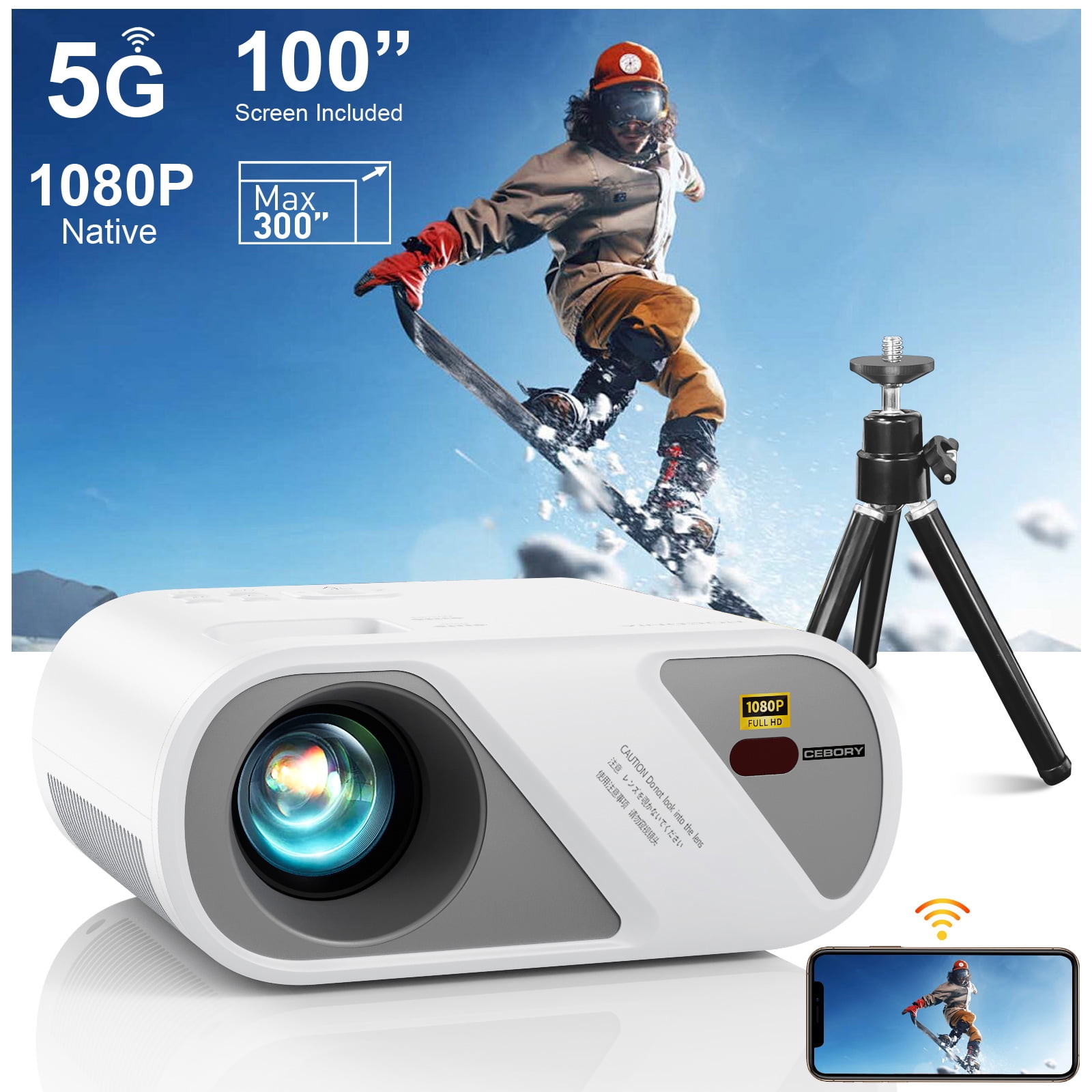 5G WiFi Bluetooth Video Projector, Full HD 1080P Outdoor Movie Projector, Portable Projector Compatible With HDMI/ USB/ AV/ Smartphone/ TV Stick/ Laptop (Projector Screen and Tripod Included)