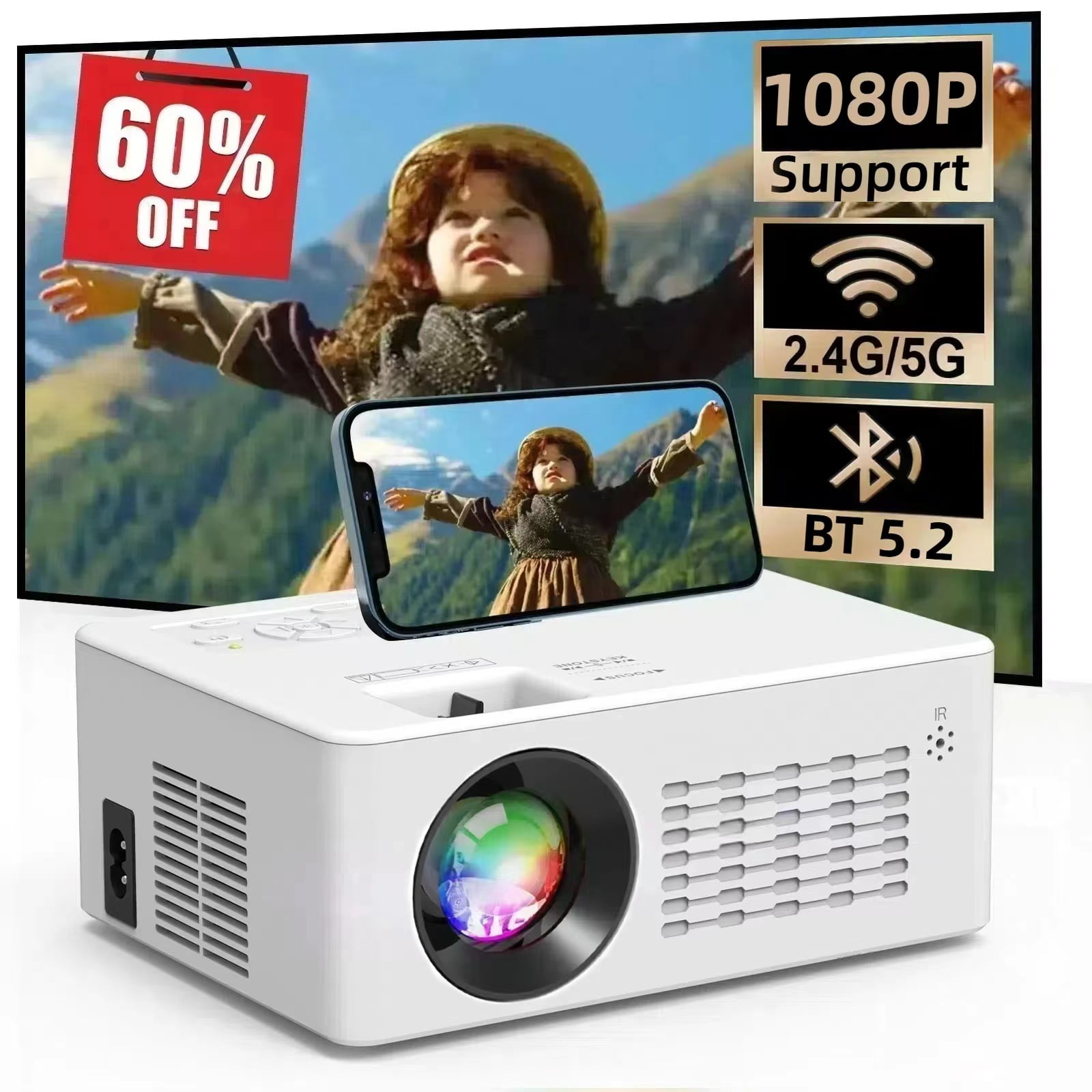 GCZ 5G WiFi Projector with Bluetooth 5.2, HD 1080P Movie Projector with HDMI, 250'' Display Supported