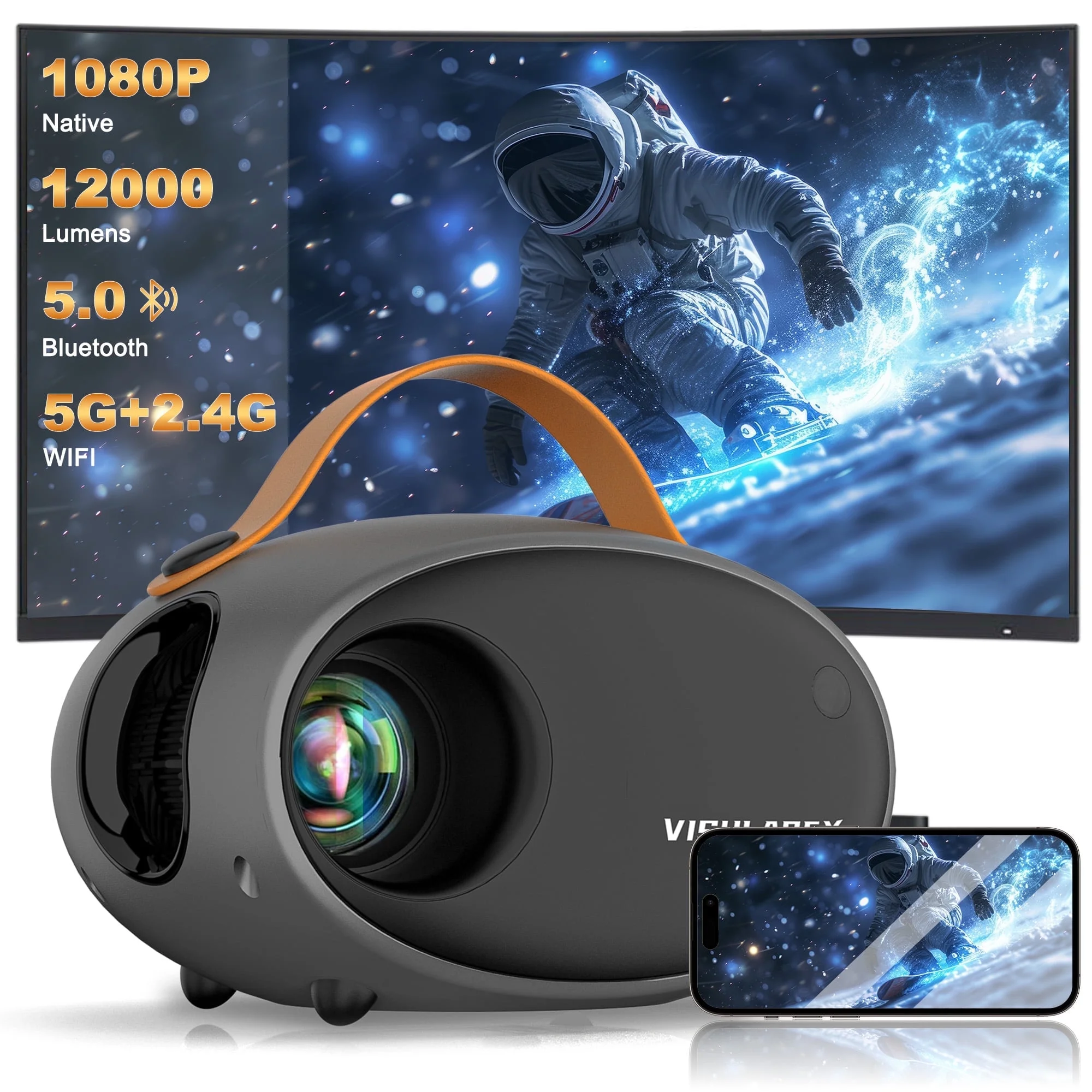 VISULAPEX 5G WiFi Projector with Bluetooth, Zoom Function, HD 1080P Portable Movie Projector for iPhone Outdoor Home Theater