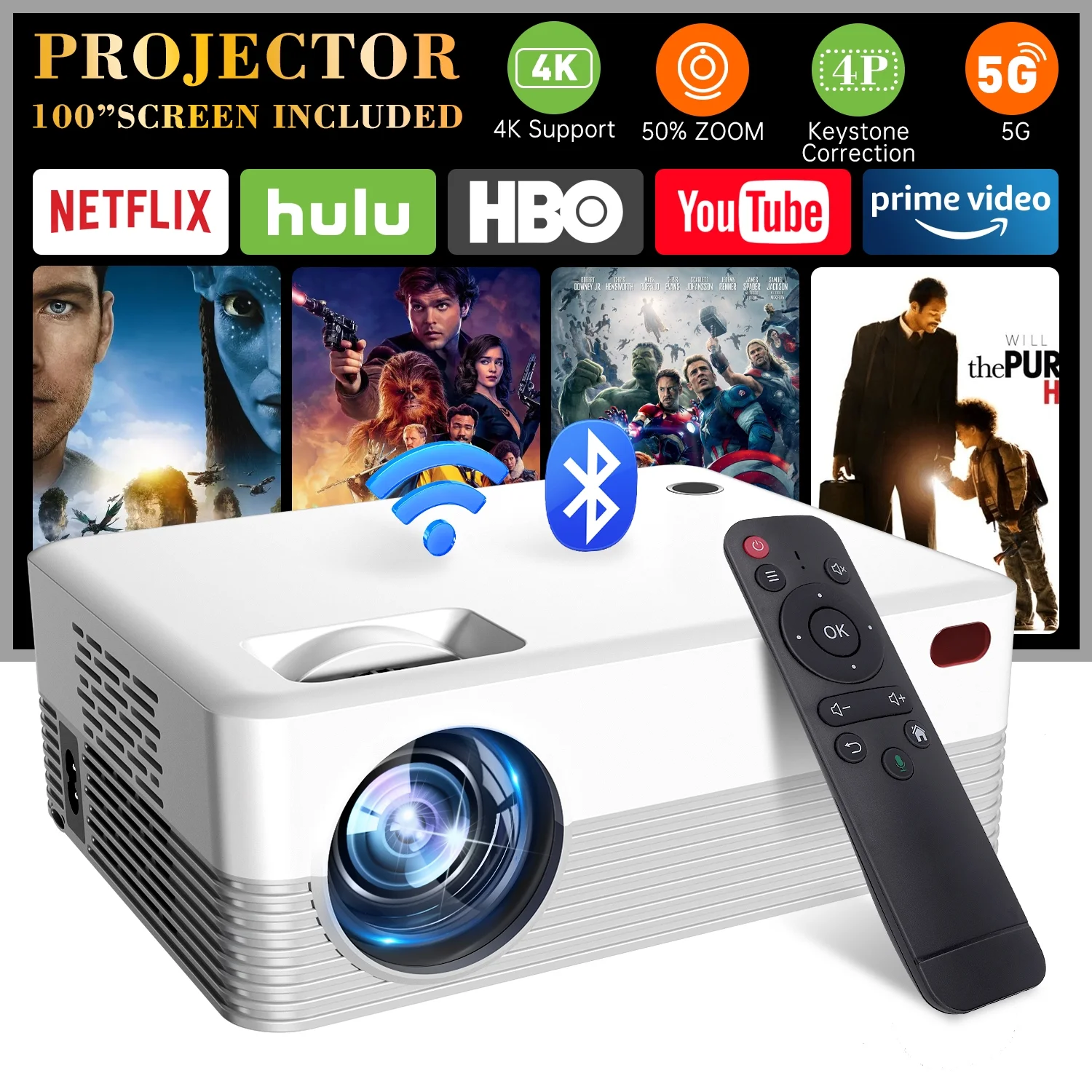 5G WiFi Projector with Bluetooth, 2024 Upgrade Native 1080P Projector for Outdoor & Camping, Wireless Mini Movie Projector Support 4k Resolution, for Home & Camping & Party