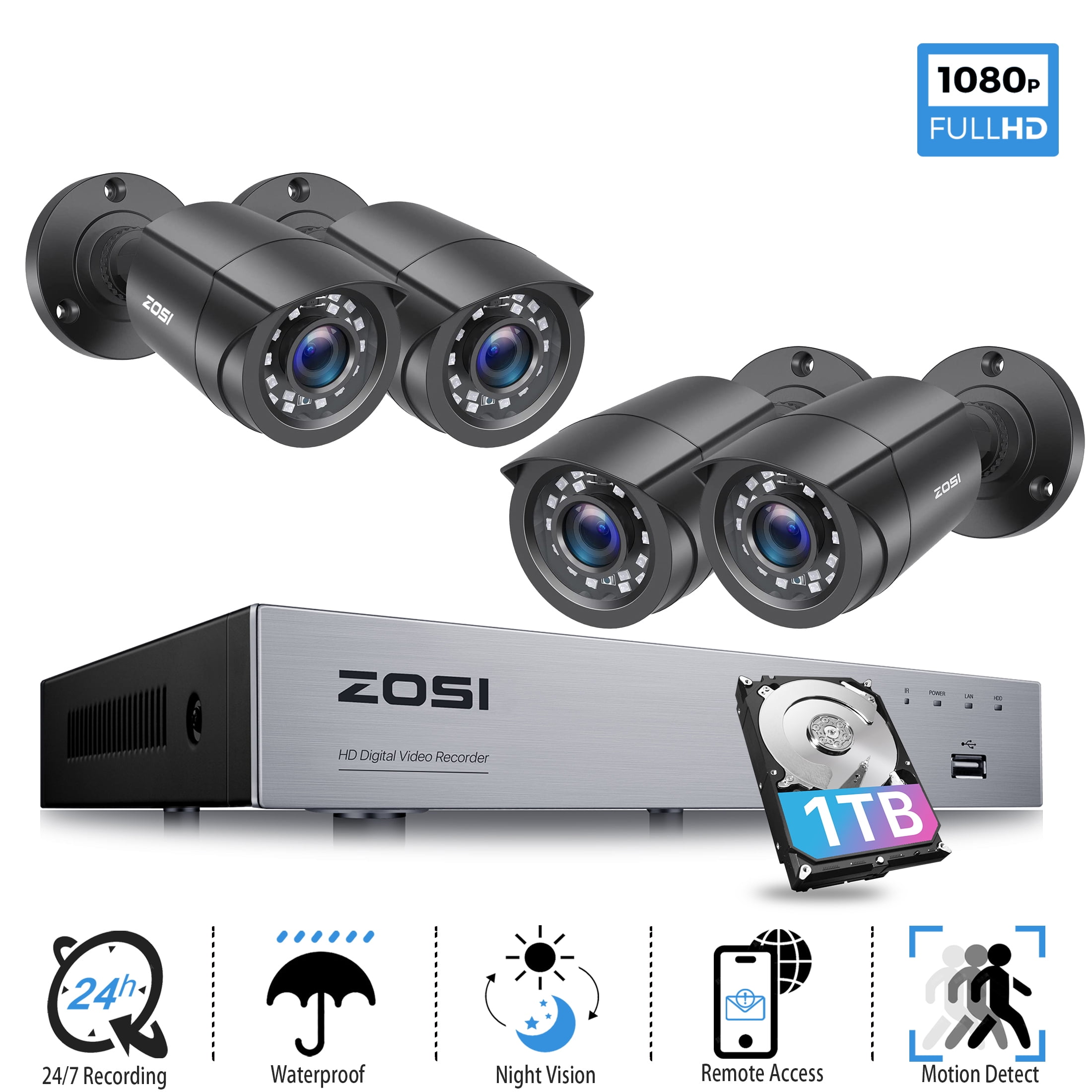 5MP Lite Security Camera System, ZOSI H.265+ 8CH DVR, 4pcs CCTV 1080P Security Camera Indoor Outdoor Use, IP66 Weatherproof 80ft Night Vision 1TB Hard Drive for 24/7 Recording