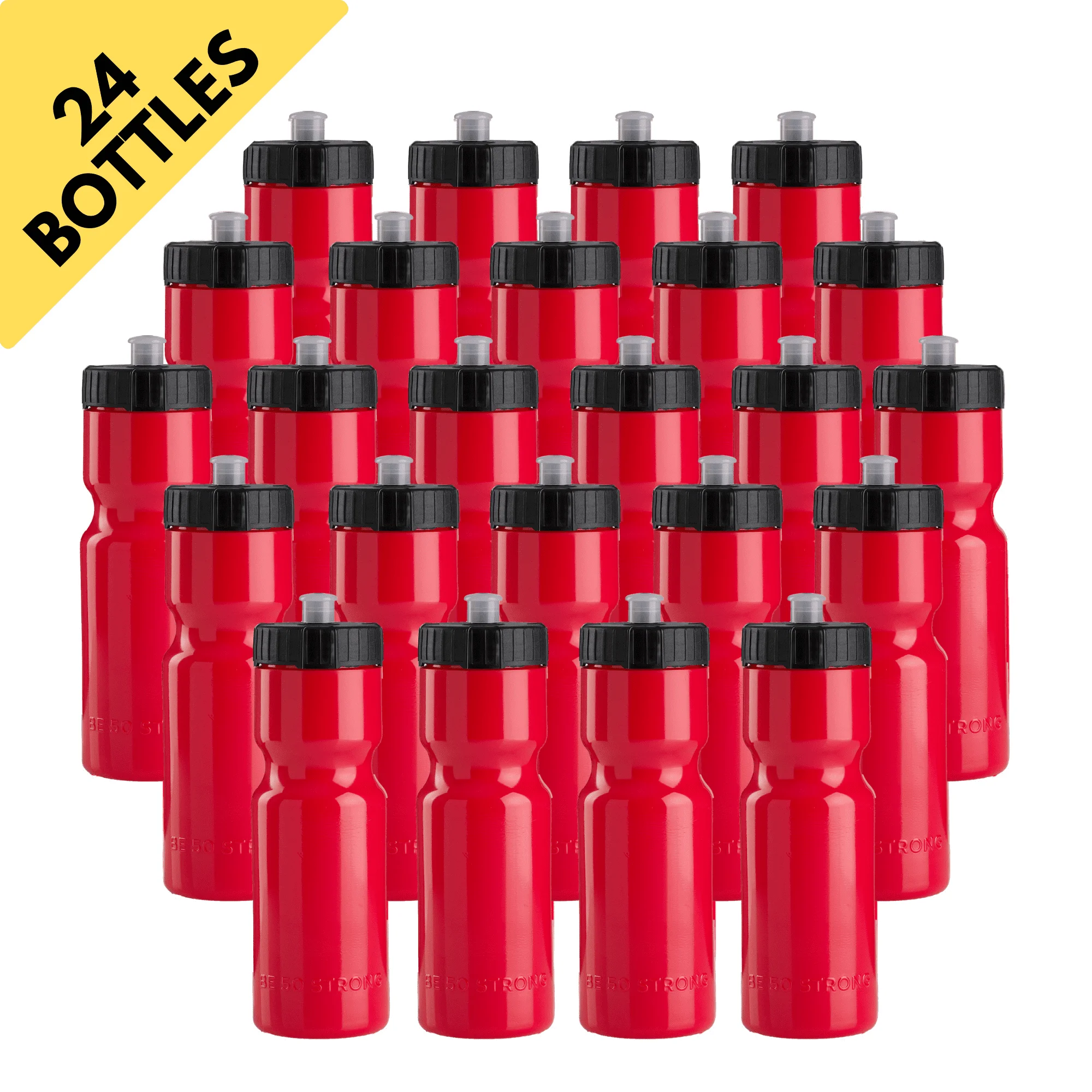 50 Strong Bulk Red Water Bottles, 24 Pack Sports Bottle, 22 oz. BPA-Free Easy Open with Pull Top Cap, Reusable Plastic Water Bottles for Adults & Kids, Top Rack Dishwasher Safe