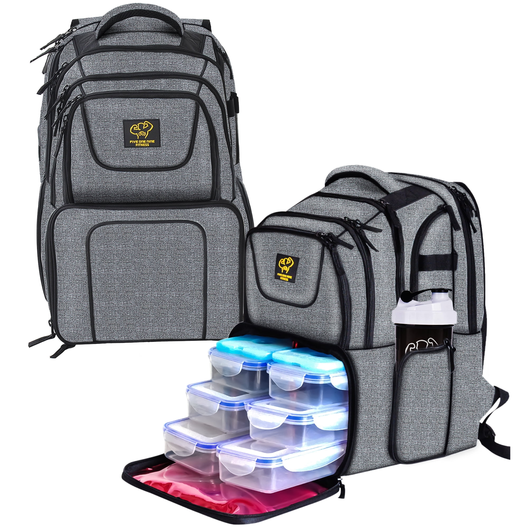 519 Fitness Meal Prep Backpack, 6 Meal Insulated Bodybuilding Lunch Rucksack with Computer Compartment for Men and Women to Hiking/Picnic, Grey