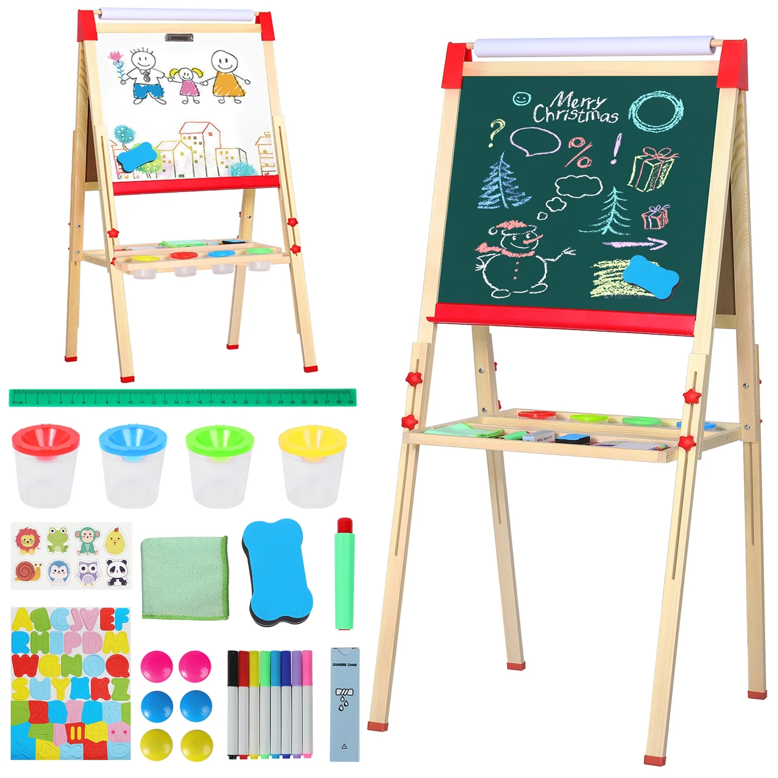 58" Easel for Kids Height Adjustable Standing Wooden Art Easel Large Double Side Magnetic Chalkboard With 16.4FT Crafts Paper Roll