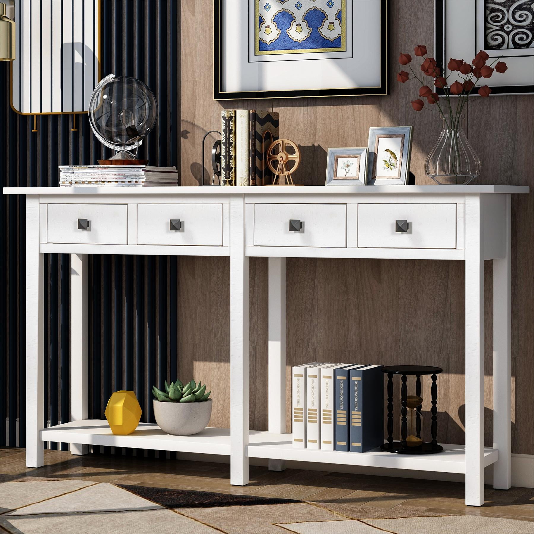 59" Modern Long Console Table with 4 Drawers,Sofa Table Entryway Living Room Table with Shelves for Hallway,Foyer,Ivory White