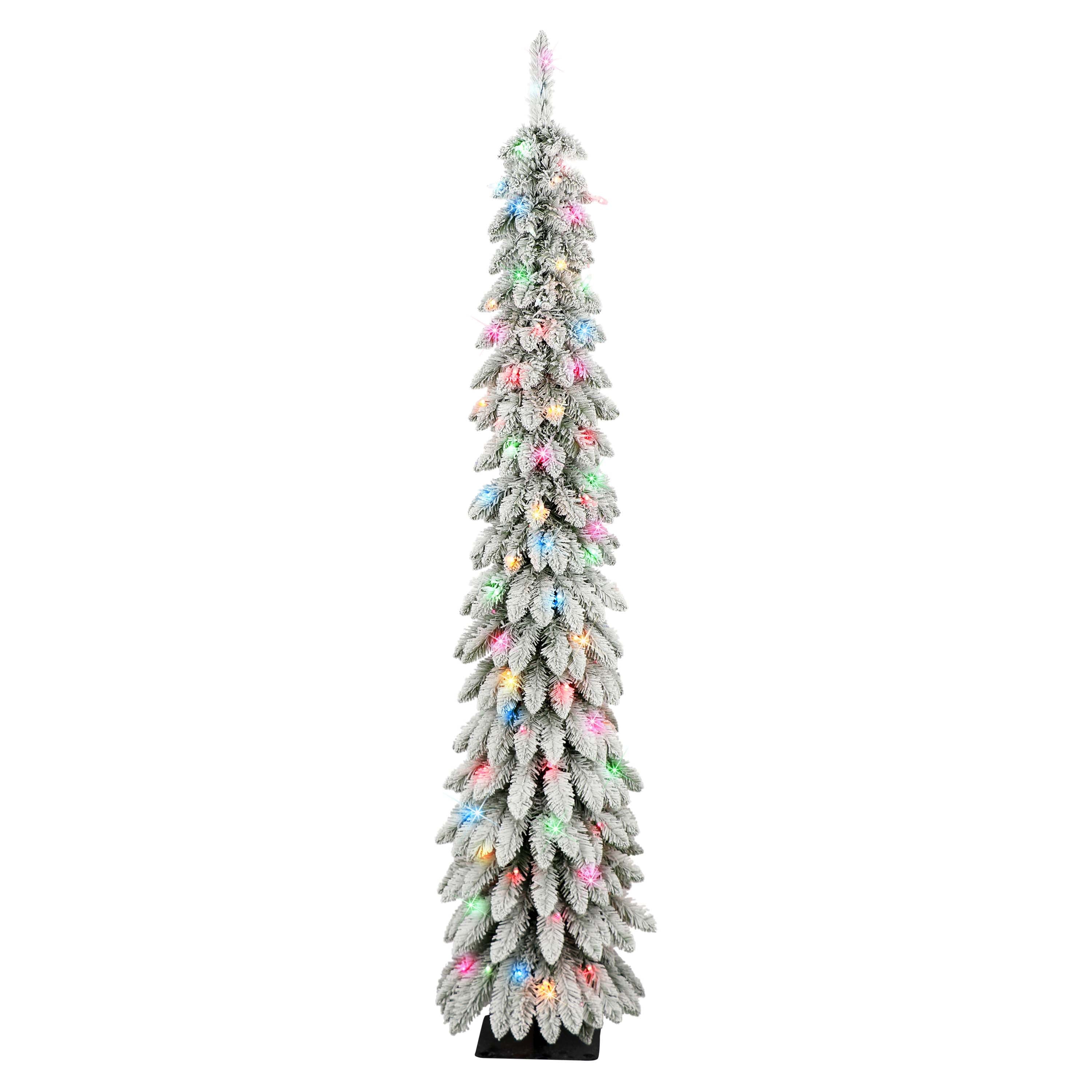 6 ft Pre-lit Flocked Alpine Pencil Tree 261 tips 100 UL Multi-color Incandescent Lights