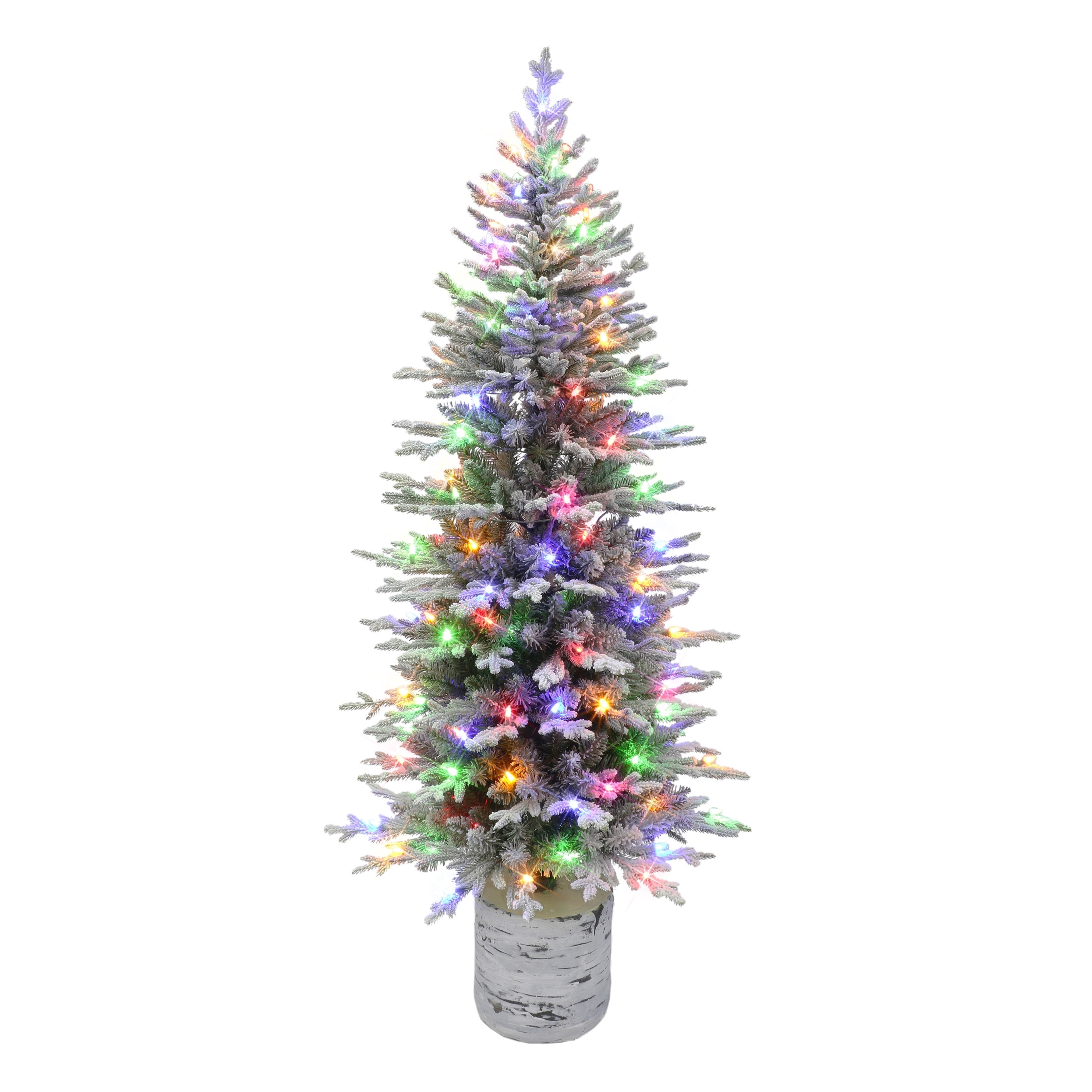 6 ft Pre-lit Potted Flocked Arctic Fir Pencil Tree 1430 Tips 120 Color Select LED Lights