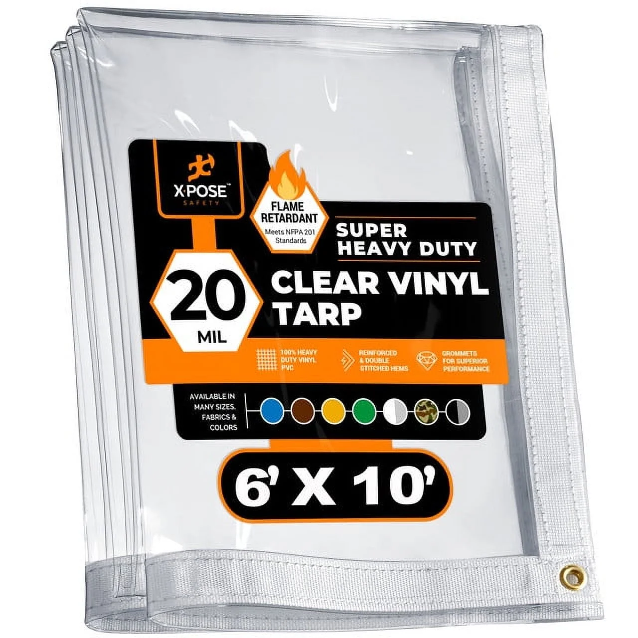 6' x 10' Clear Vinyl Tarp - Fire Retardant 20 Mil Super Heavy Duty Transparent Waterproof PVC Tarpaulin with Brass Grommets - for Patio Enclosure, Temporary Wall, Multipurpose - by Xpose Safety