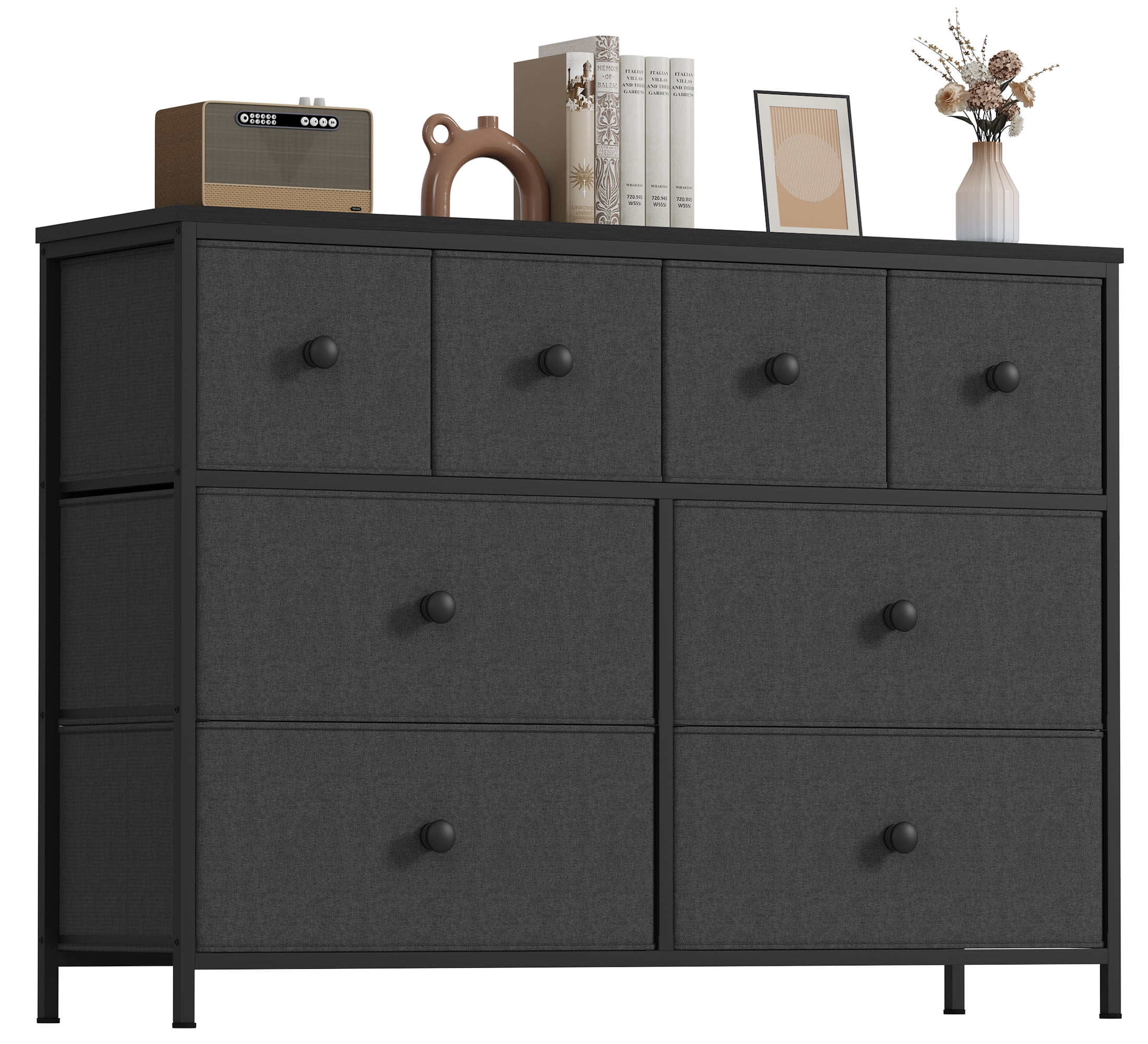 SUGIFT 8 Drawer Dresser Chest of Drawers for Bedroom Fabric Drawer for Kids and Adult Black Gray