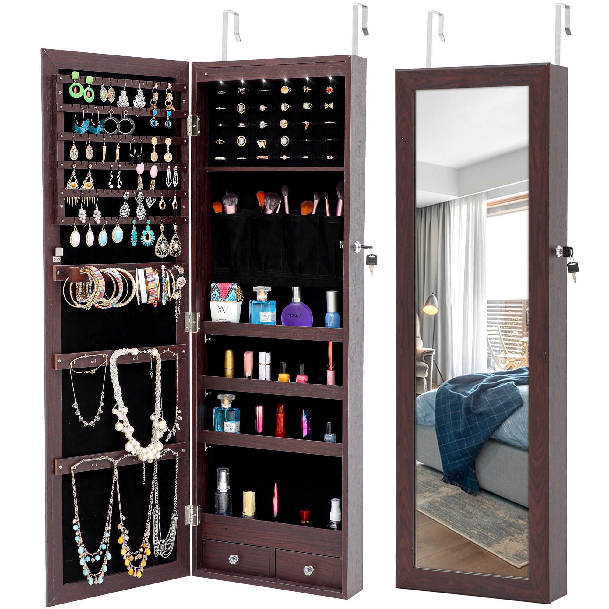 6-LED Light Jewelry Armoire Lockable Wall Door Mounted Mirror Jewelry Cabinet Armoire Storage Organizer Gift Brown