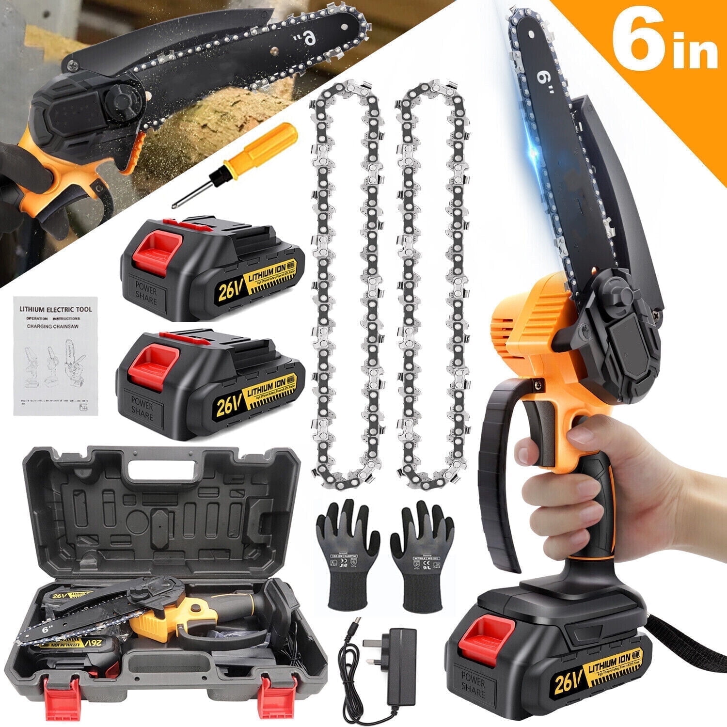 6" Mini Chainsaw 26V Battery Powered Chainsaw ,with Safety Lock,with 2 Batteries 2 Chains, Cordless Handheld Chain Saw Wood Cutter