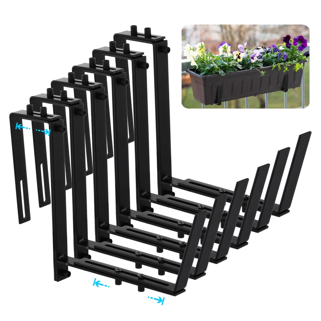 6 Pcs Planter Box Brackets, Adjustable Flower Box Holders, Heavy Duty Metal Hanging Flower Stands, Plant Box Hangers for Porch Railing Balcony Garden Fence