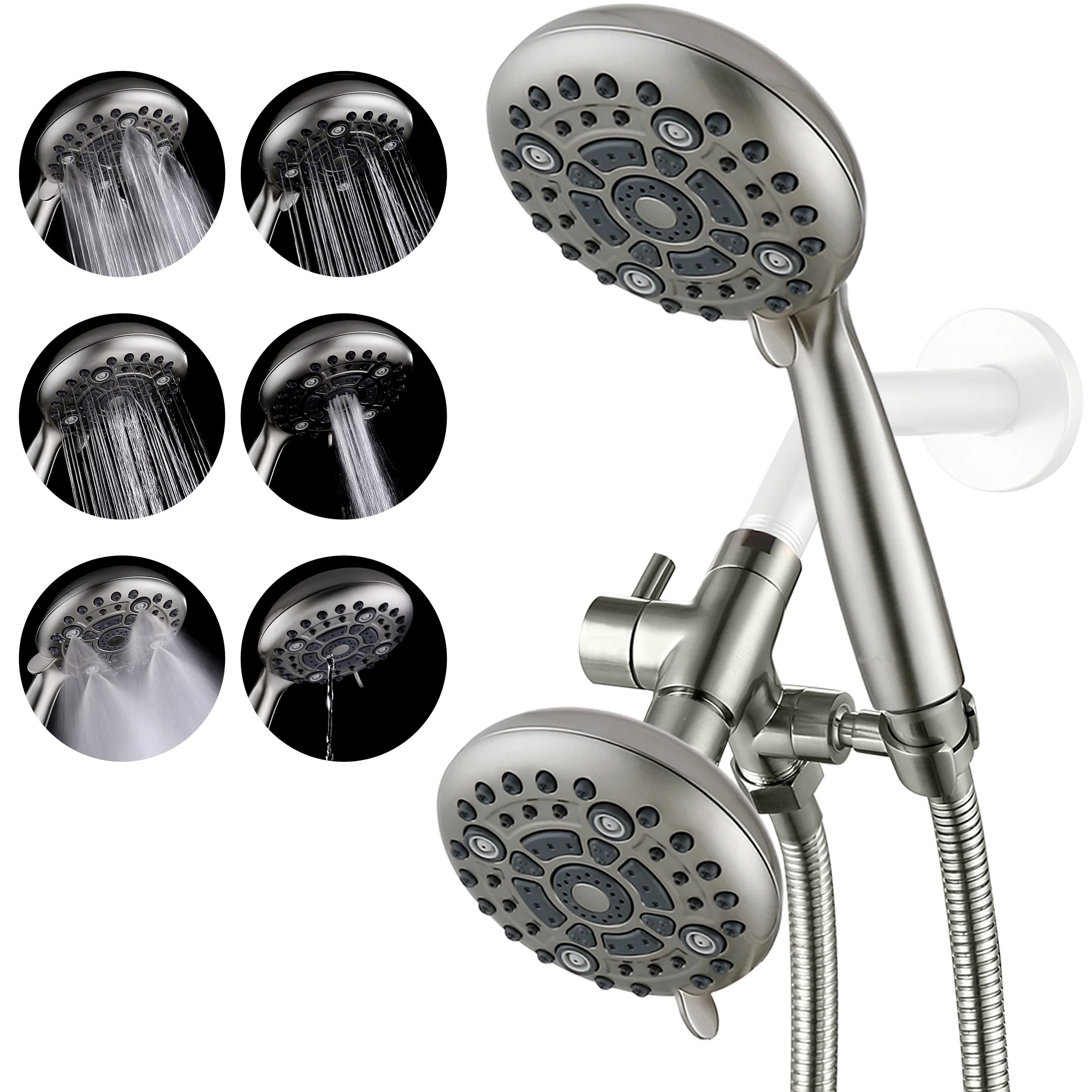 6 Settings High Pressure Dual Shower Head with handheld Combo, and 71" Flexible Hose (Brushed Nickel)