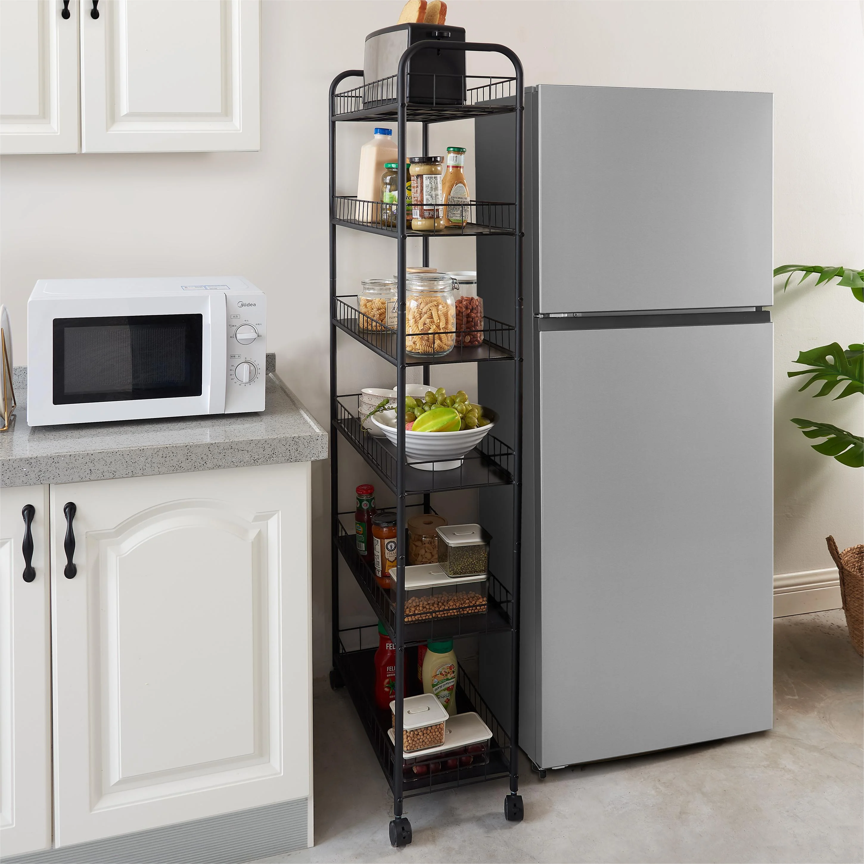 6 Tier Rolling Cart,Mobile Storage Shelving Unit with Wheels, Movable Storage Shelf for Kitchen Bathroom Office Laundry, Black