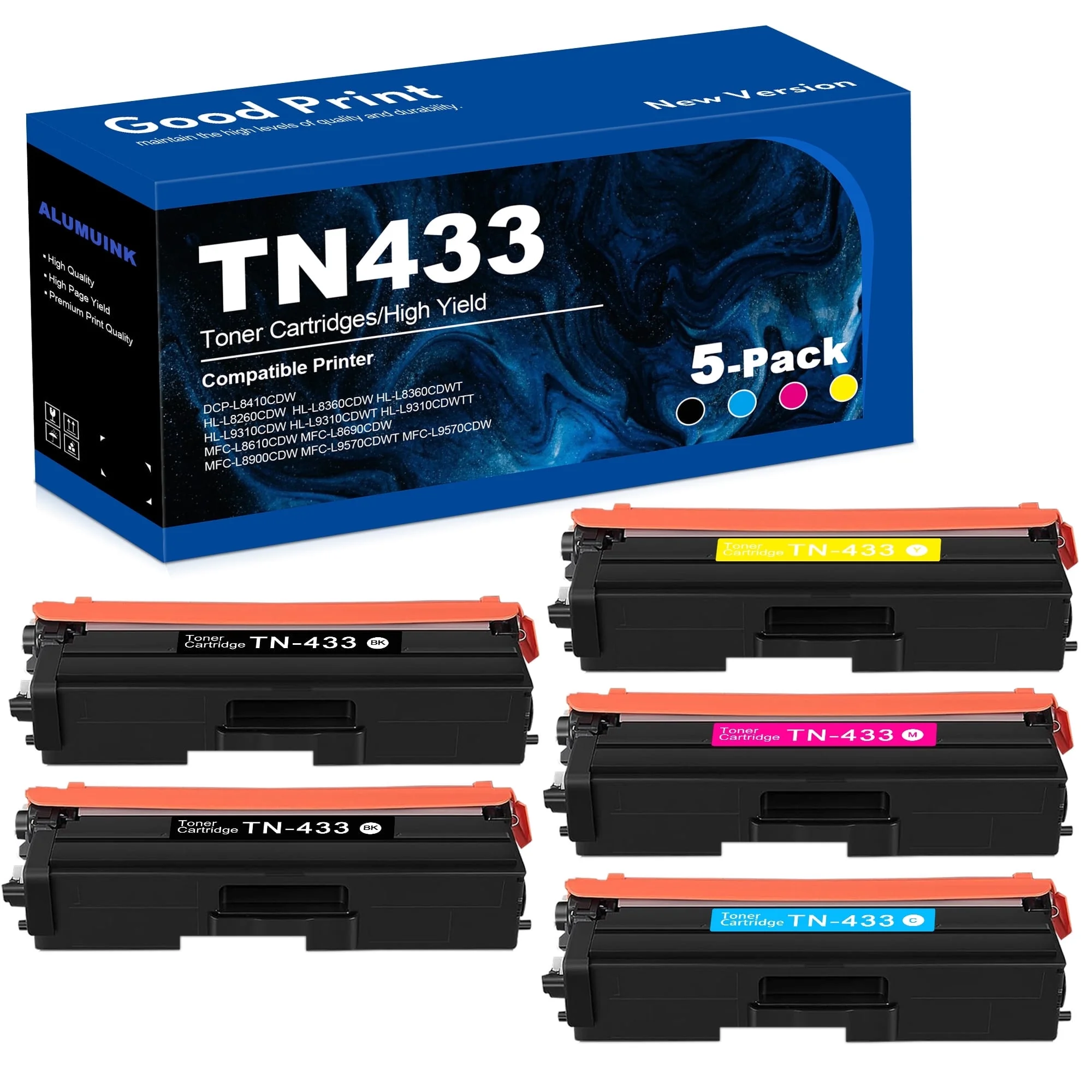 6,700 Pages TN433 High Yield Toner Cartridge Replacement for Brother TN433 Toner HL-L8260CDW L8360CDW MFC-L8610CDW Printer 5Pack (2Black,1Cyan,1Magenta,1Yellow)