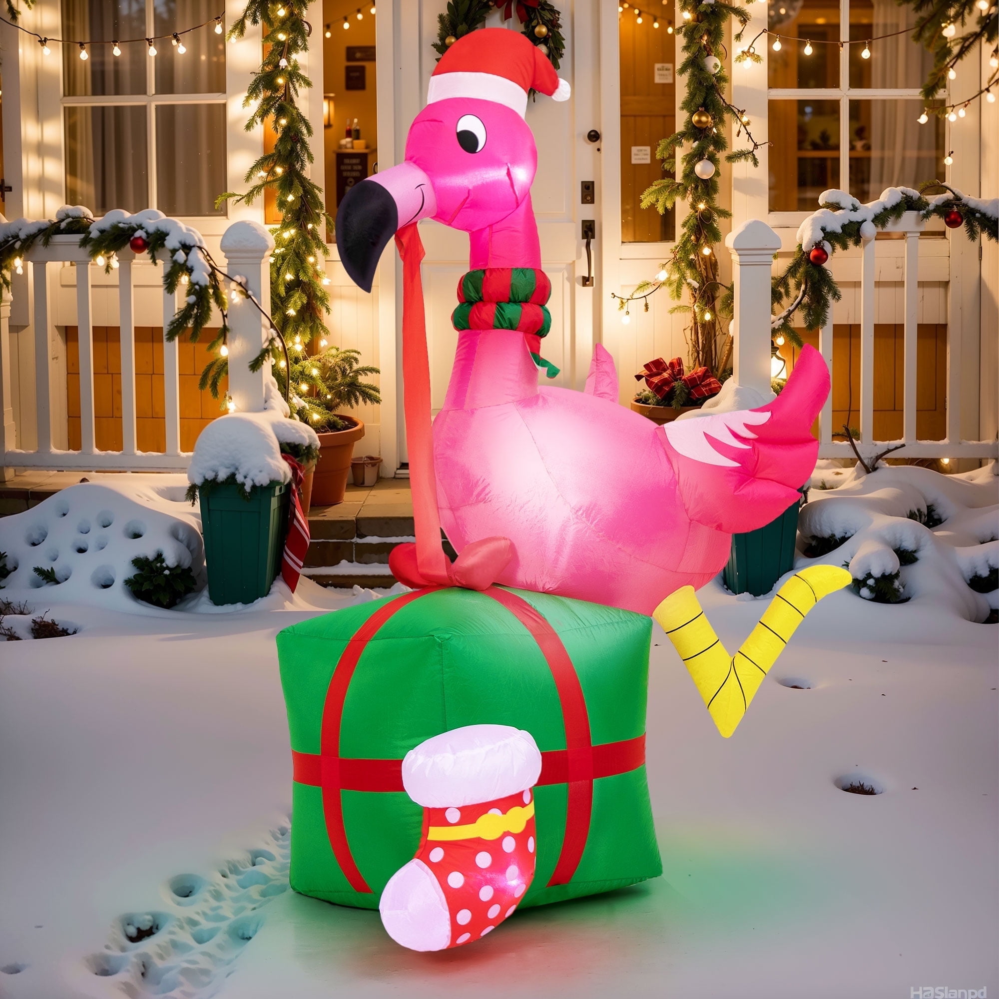 6FT Christmas Inflatables Outdoor Decorations, Flamingo Blow up Yard Decor Built-in LED Light , Weatherproof Holiday for Garden Patio Lawn Party Xmas Gifts