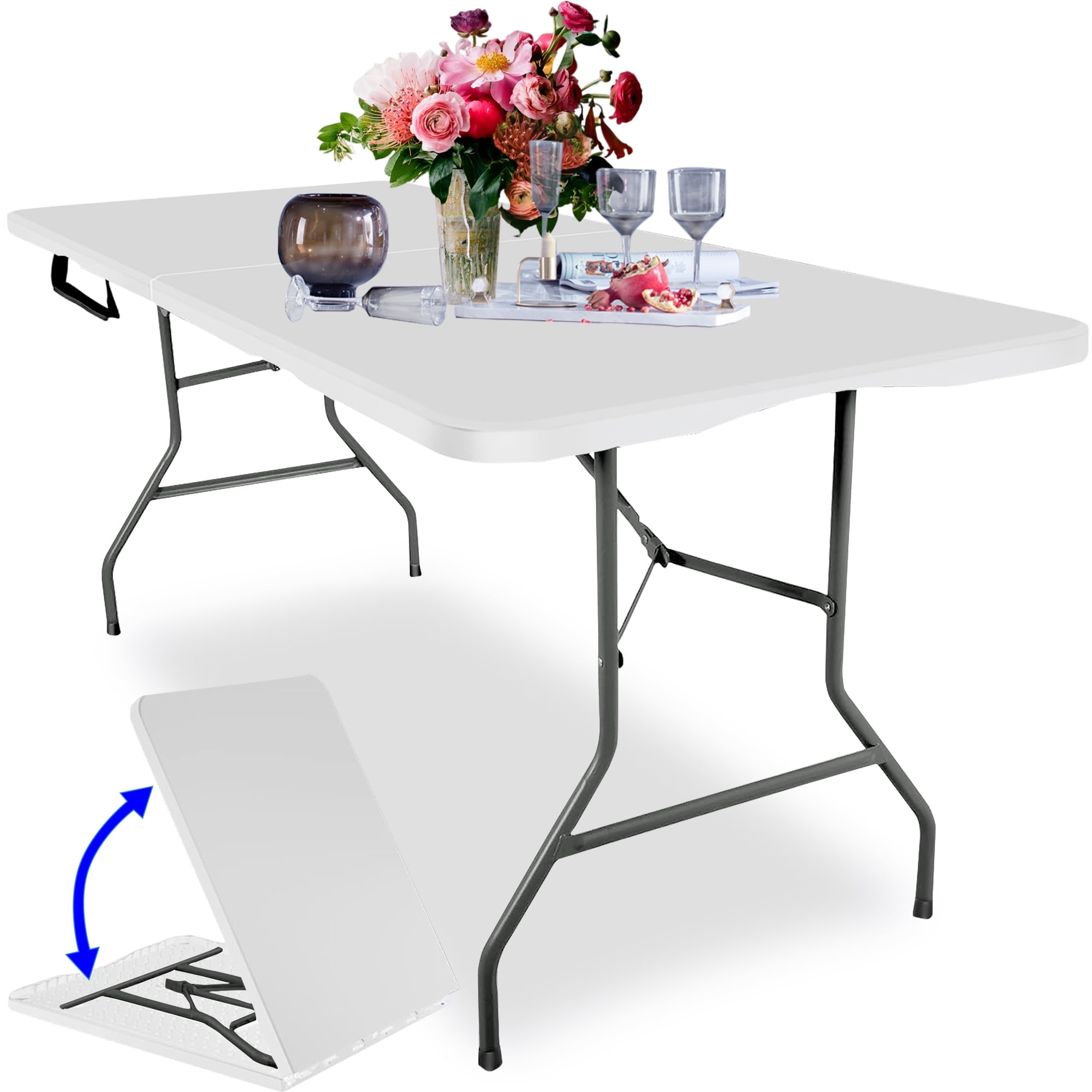 6FT Folding Table, Portable Plastic Design with Powder-Coated Steel Legs – Ideal for Picnics, Parties, Office and Camping – Convenient Carry Handle for Easy Transportation, White