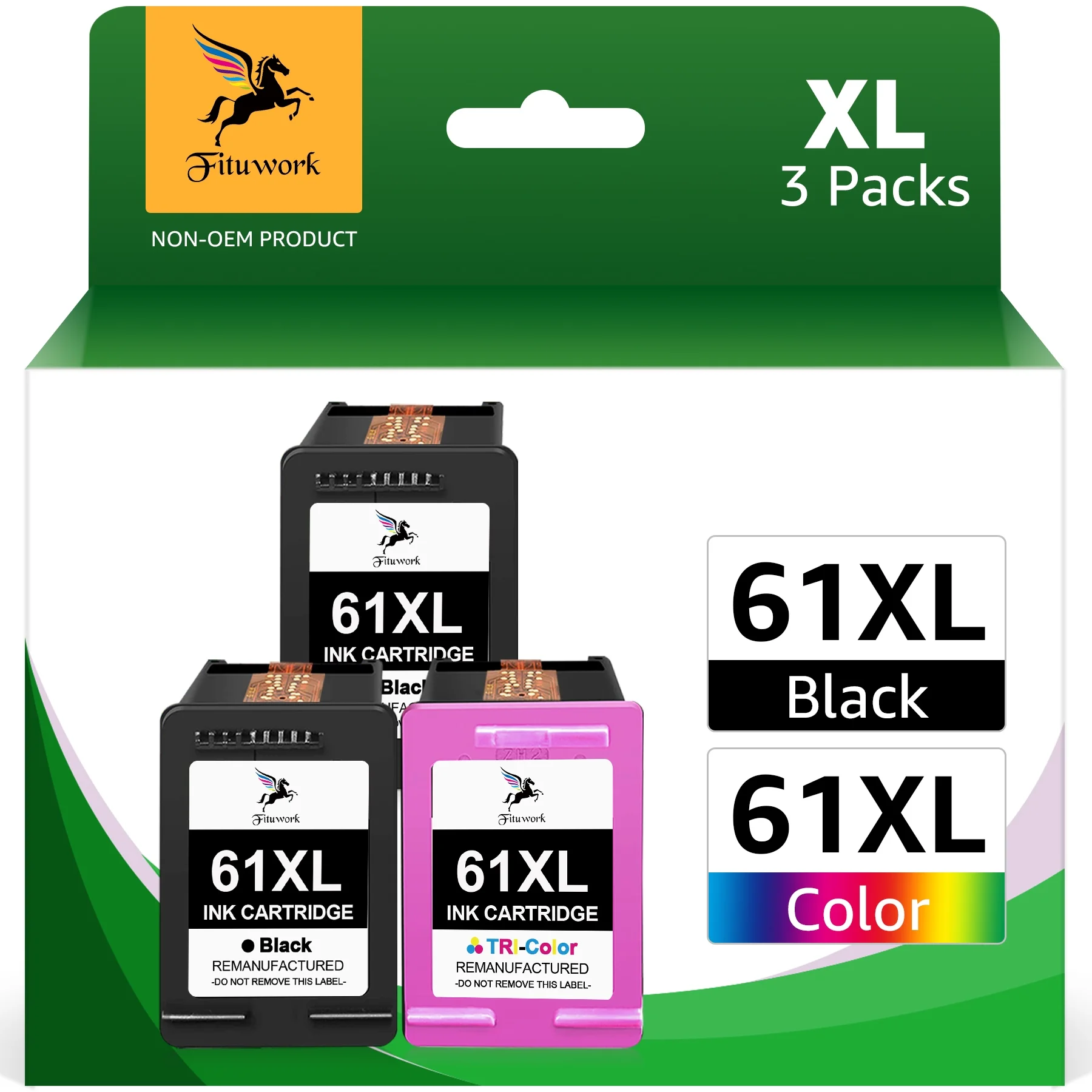 61XL Ink Cartridges Replacement for HP 61 XL Black and Color Combo Pack Work with Envy 4500 5530 5535 5534 DeskJet 2540 1010 1000 OfficeJet 4630 2620 4635, 3-Pack (2 Black, 1 Color)