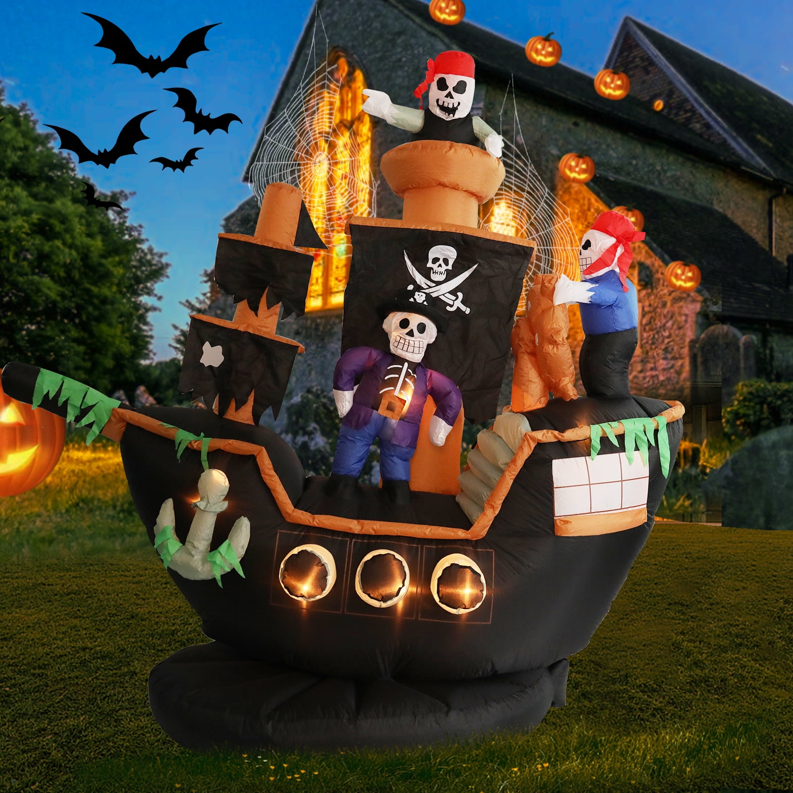 7 FT Halloween Inflatable Skeletons Ghosts on Pirate Ship Lights Decor Outdoor Indoor Holiday Decorations, Blow up Lighted Yard Decor, Giant Lawn Inflatables Home Family Outside Decor