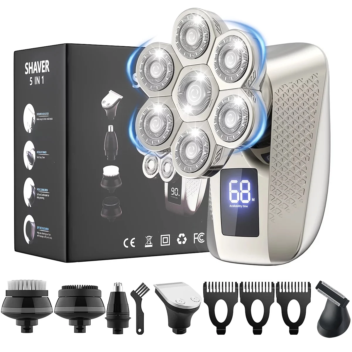 7D Head Shavers for Bald Men, Vanlec 5-in-1 Head Shaving Kit, Waterproof Rotary Shaver, Wet/Dry Use, Rechargeable, Electric Shavers W/ LED Display for Daddy Boyfriend Brother