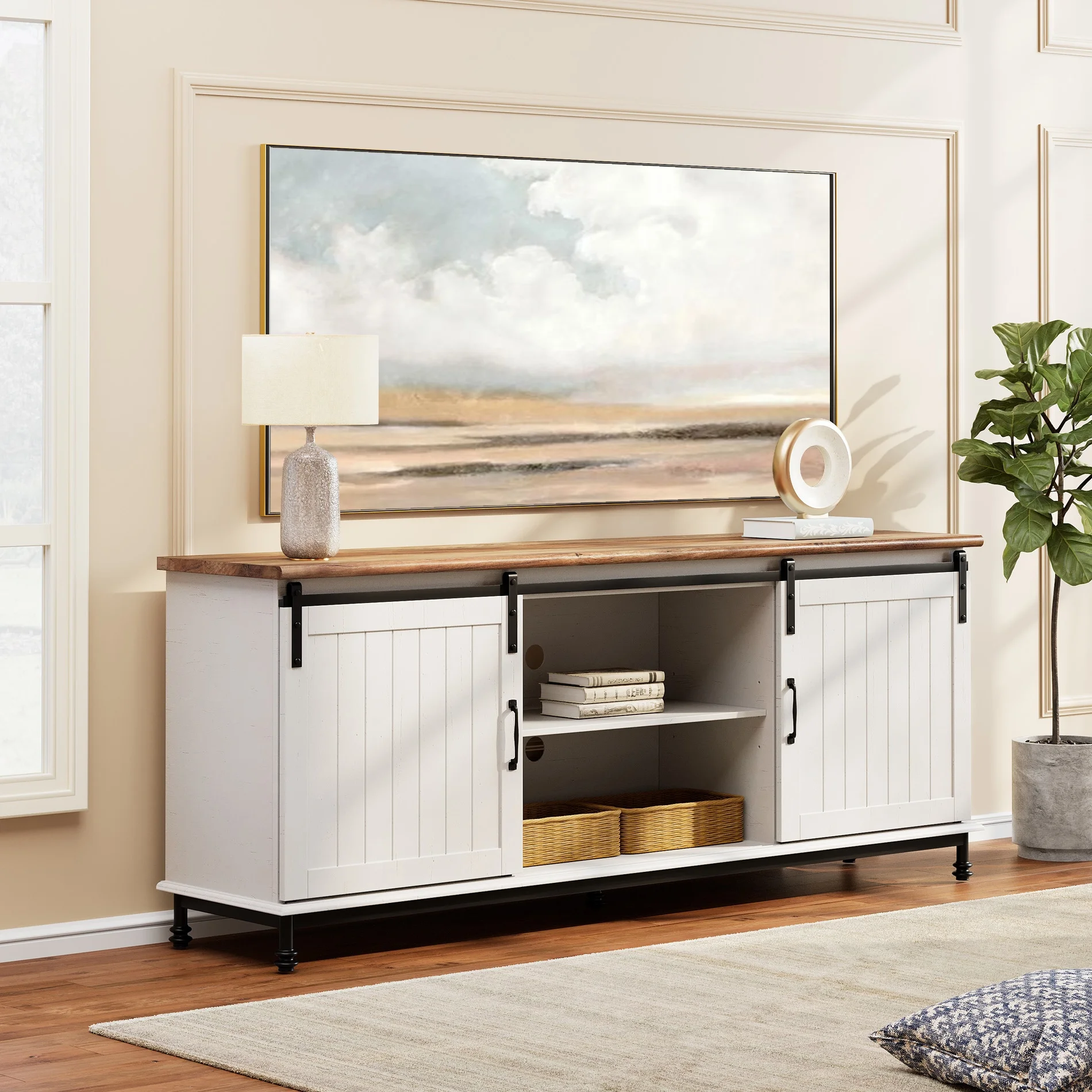 70 Inches TV Stand , Wood Entertainment Center for livingroom, Console Table Storage Cabinet with Sliding Barn Door for 80 90 100 110 Inch TV