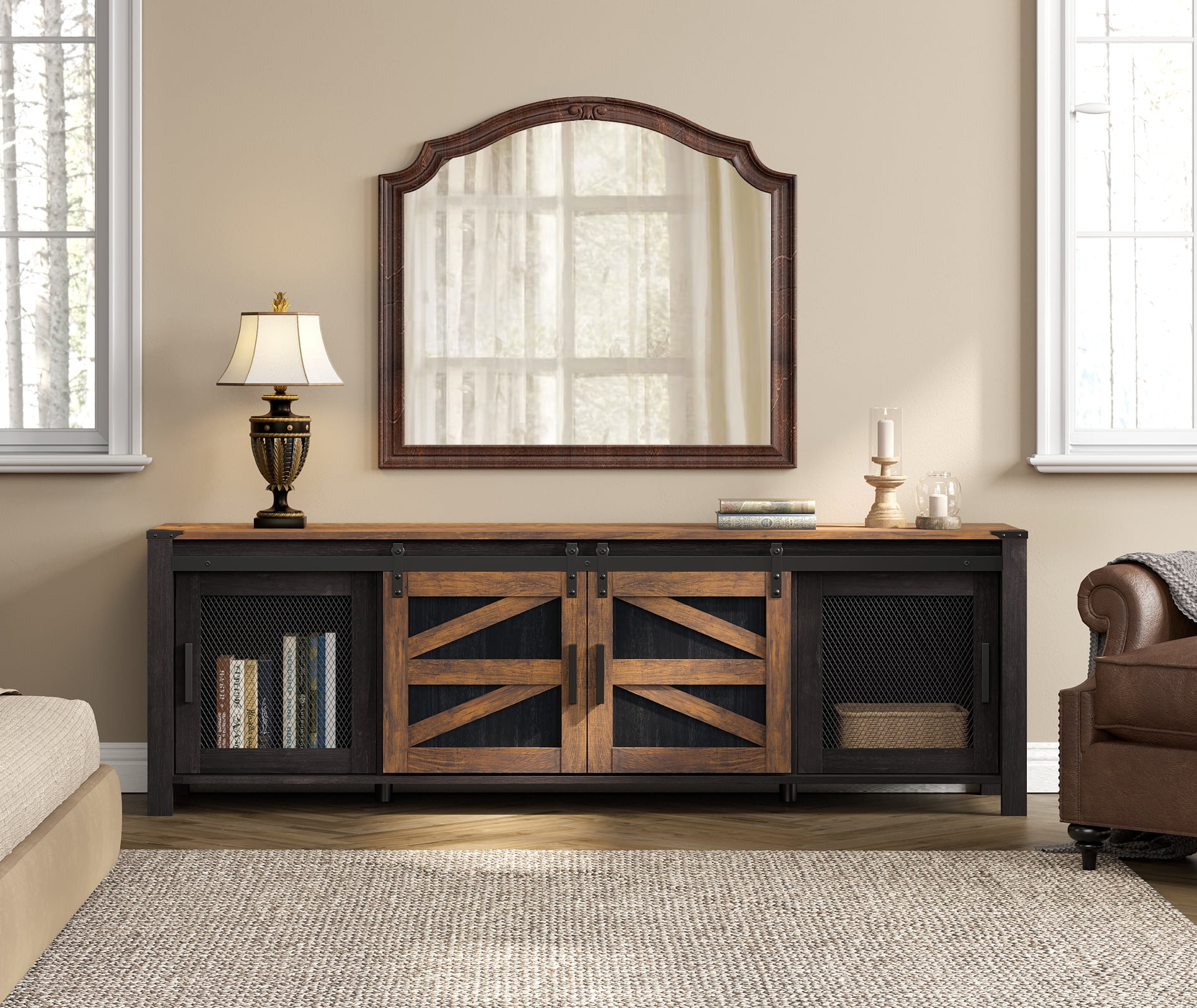 Wampat Farmhouse TV Stand, Antique Black & Brown, Wood & Metal, Sliding Barn Doors, 75 Inch