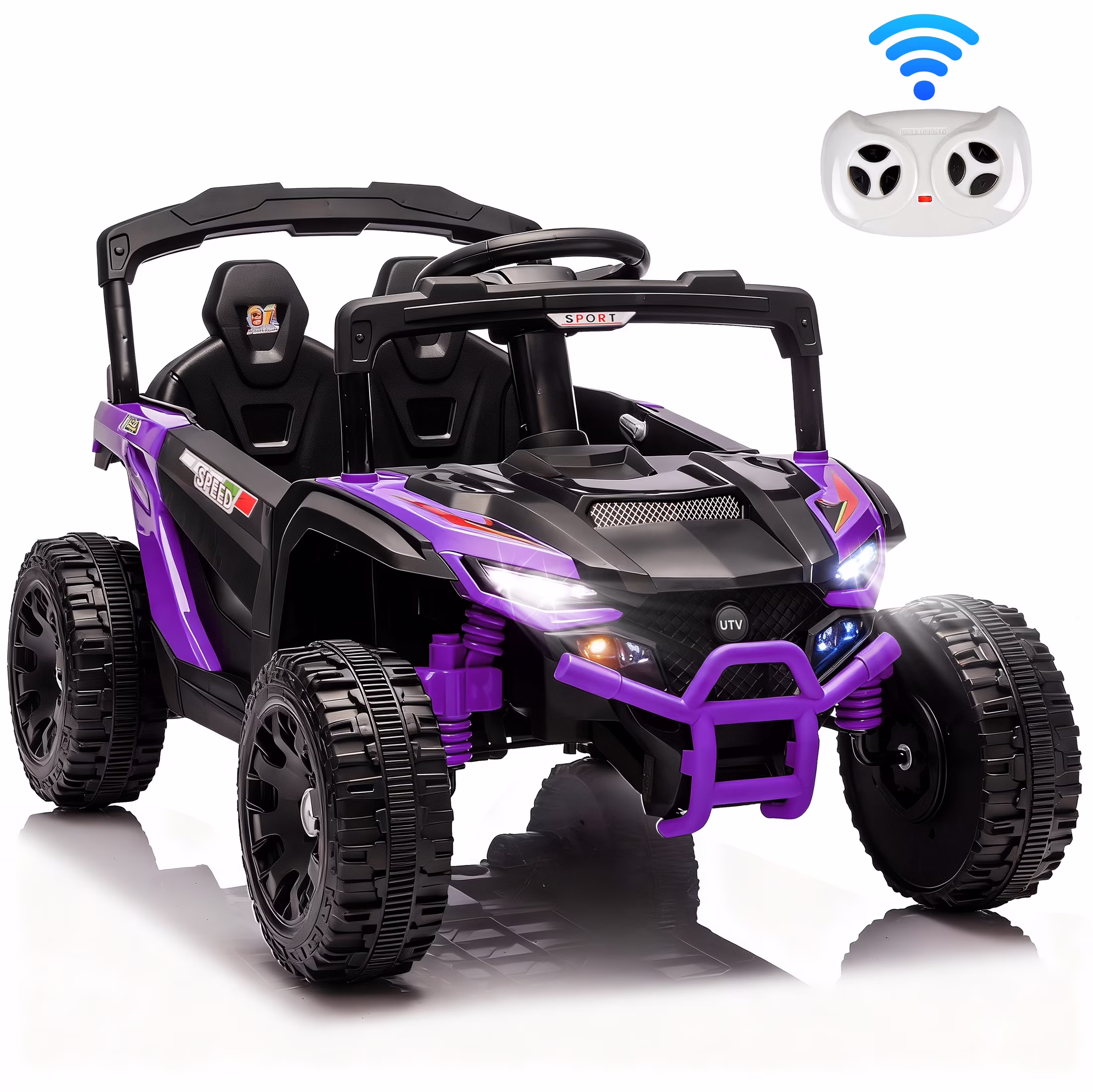 iYofe 24V Powered Ride on Toys with Remote Control, Kids Ride on Car UTV for Boys Girls Ages 3-5, Ride on Vehicles Electric Cars for Kids with Bluetooth, Music, LED Light, 4 Wheels Suspension, Purple