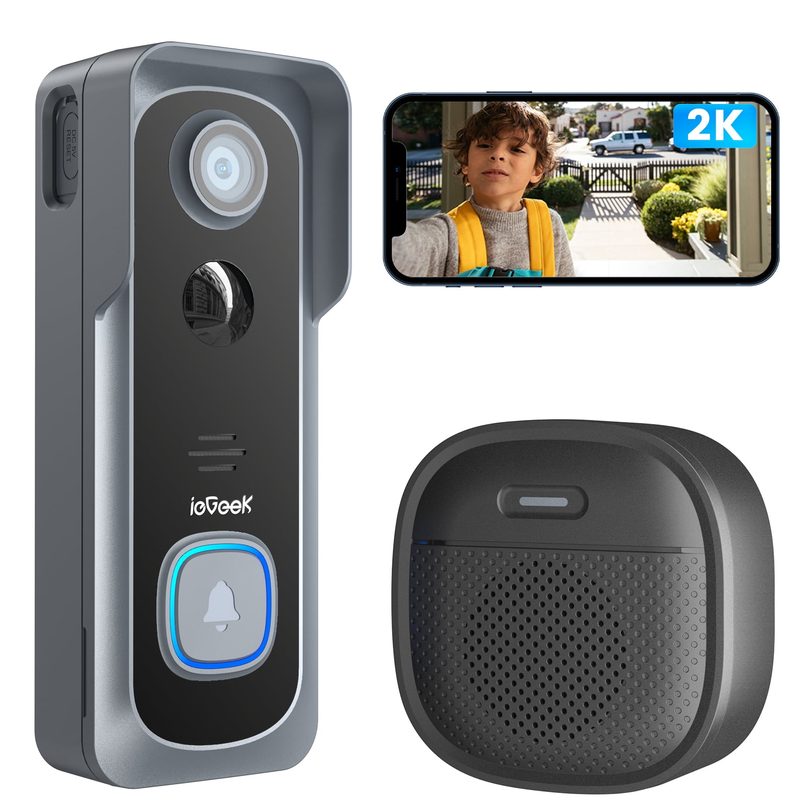 ieGeek 2K Wireless Doorbell Camera, Video Doorbell with Chime Ringer, Smart AI Motion Detection, Voice Changer, 2 Way Audio, Works with Alexa, WiFi, Door Cameras for Home Security
