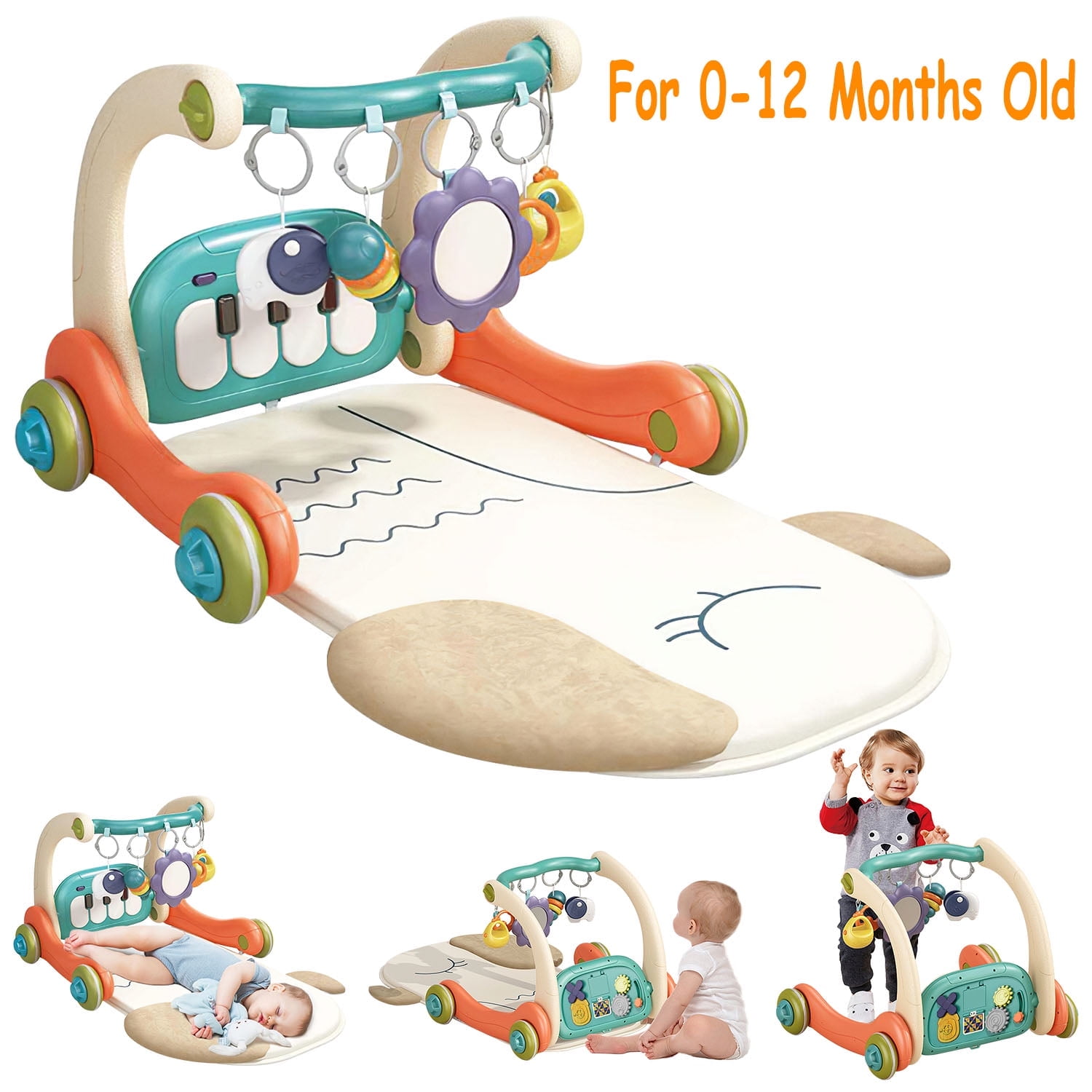 Moclever 3 in 1 Baby Playmat with Learning Walker Baby Gym Play Mat with Piano Keyboard Game Panel 5 Fun Rattle Toys for 0-12 Months Old Musical Activity Center with Lights
