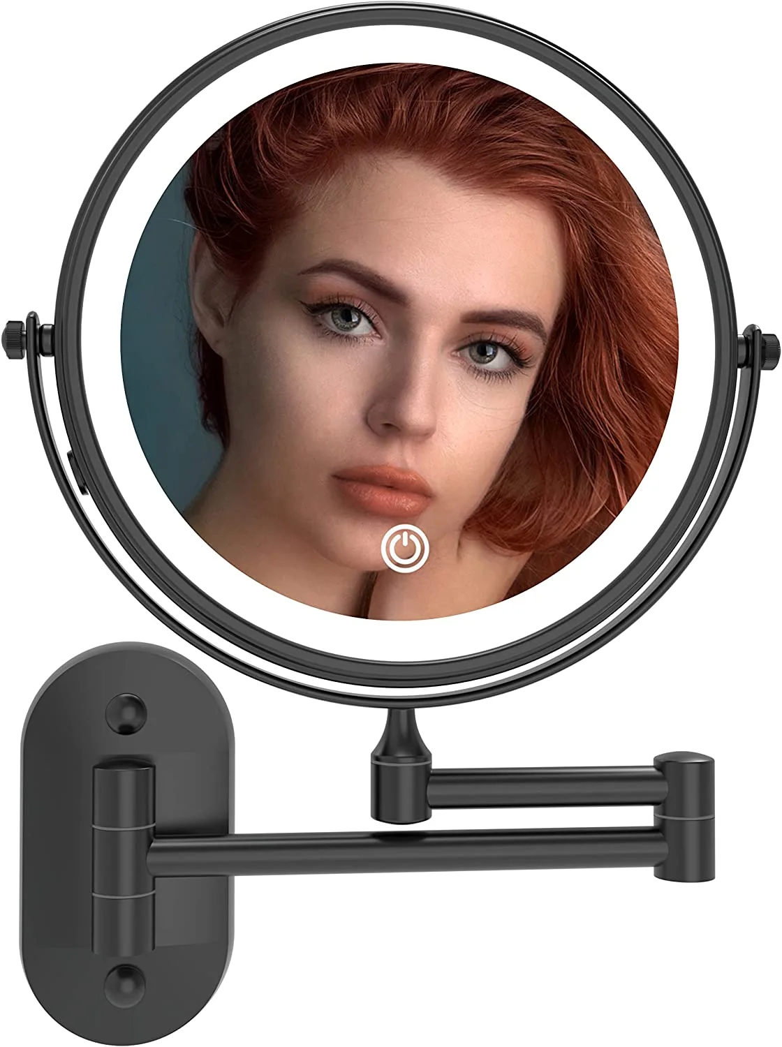 8'' LED Lighted Rechargeable Wall Mount Vanity Two-Sided Makeup Mirror, Matte Black, 1X/10X Magnification, by Fixsen