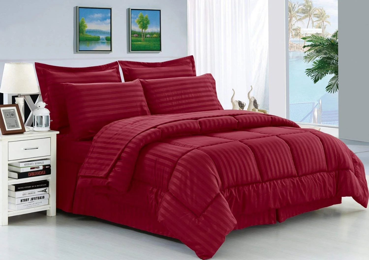 8 Piece Bed In A Bag Comforter Stripe Design Comforter King/Cal King Burgundy