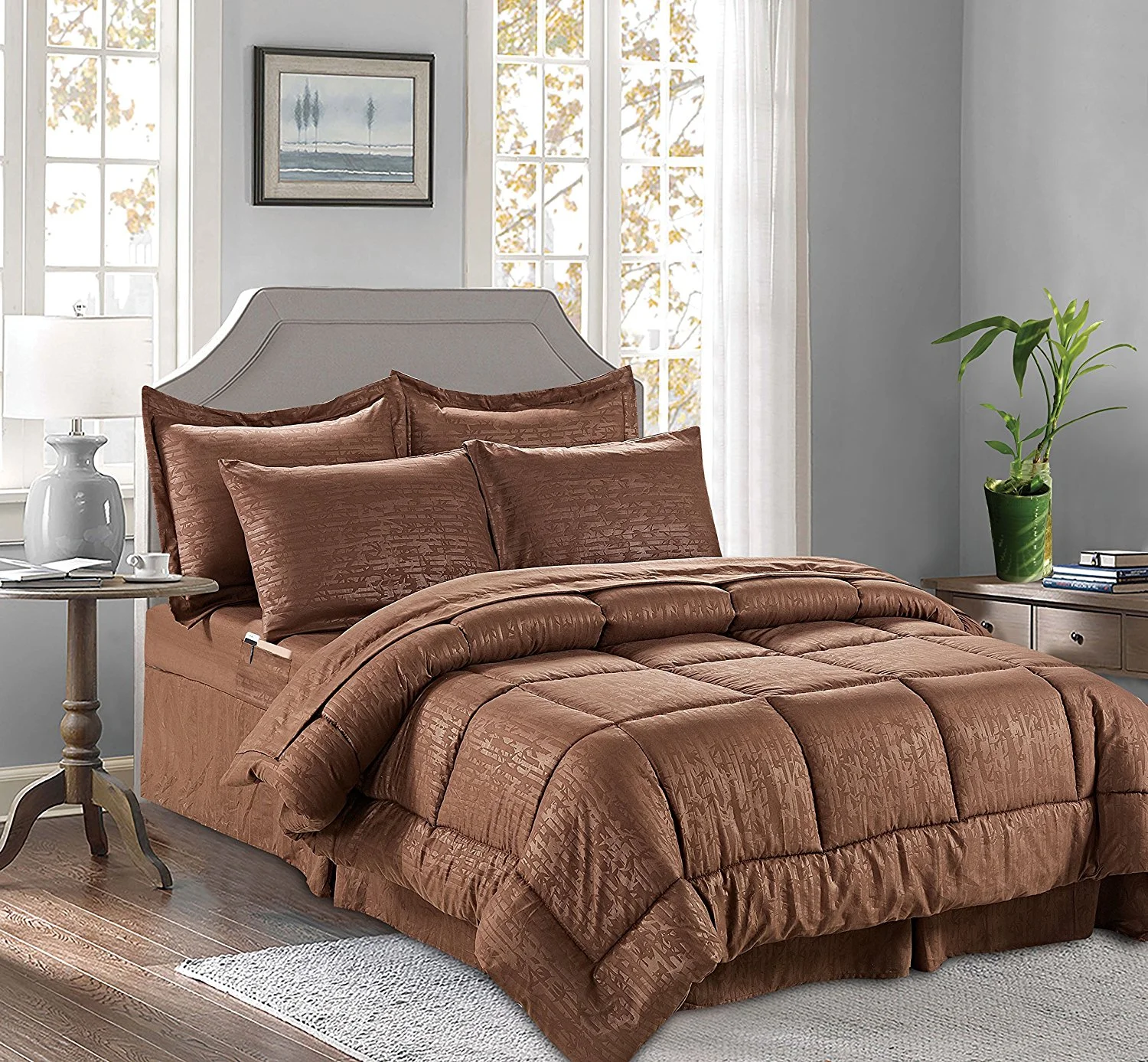 8 Pieces Bed in a Bag Bamboo Pattern Comforter Set Full/Queen, Chocolate