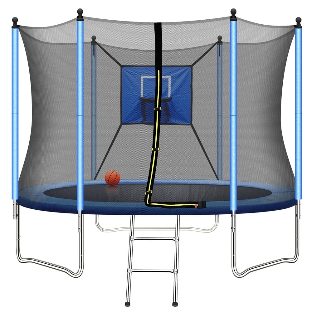 8FT Kids Recreational Trampoline with Basketball Hoop, Enclosure Net and 2 Steps Ladder for Indoor, Outdoor and Backyard, Blue