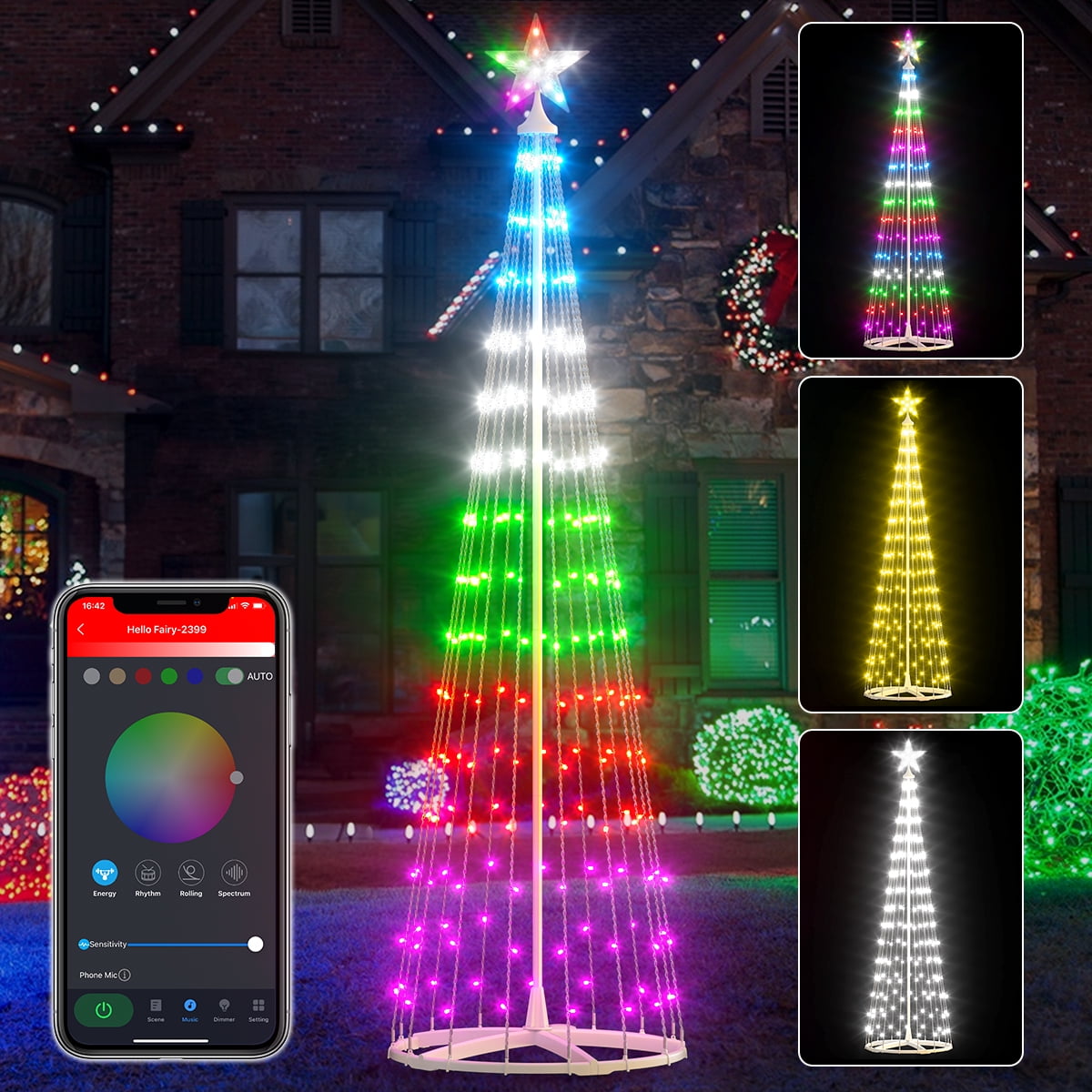 8FT 191 LED Christmas Cone Tree Smart Light with 58 Modes DIY Timer Remote Dimmable Artificial Christmas Tree for Porch Yard Patio Indoor Outdoor Xmas Holiday Decor