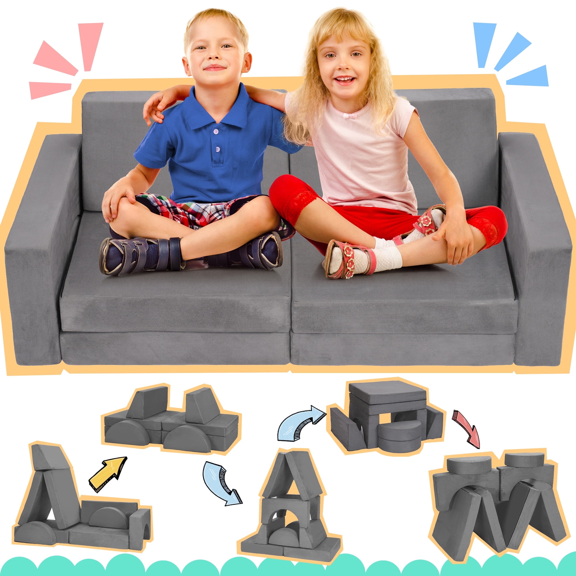 8-Piece Blue Modular Kids' Play Sofa, DIY Creative Children's Exploration Mat Sofa, Multi-Functional Convertible Foam Floor Mat