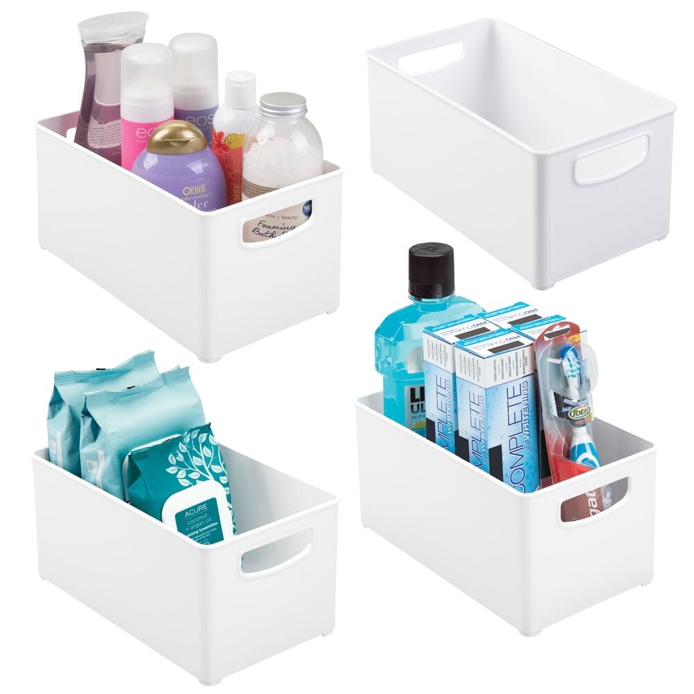 mDesign Plastic Storage Wide Organizer Bin w/Handles for Bathroom, 4 Pack, White