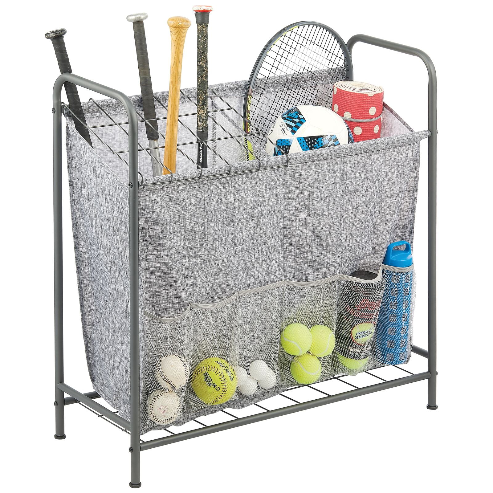 mDesign Sports Equipment Organizer Bin Rack - Front Pockets, Graphite/Gray