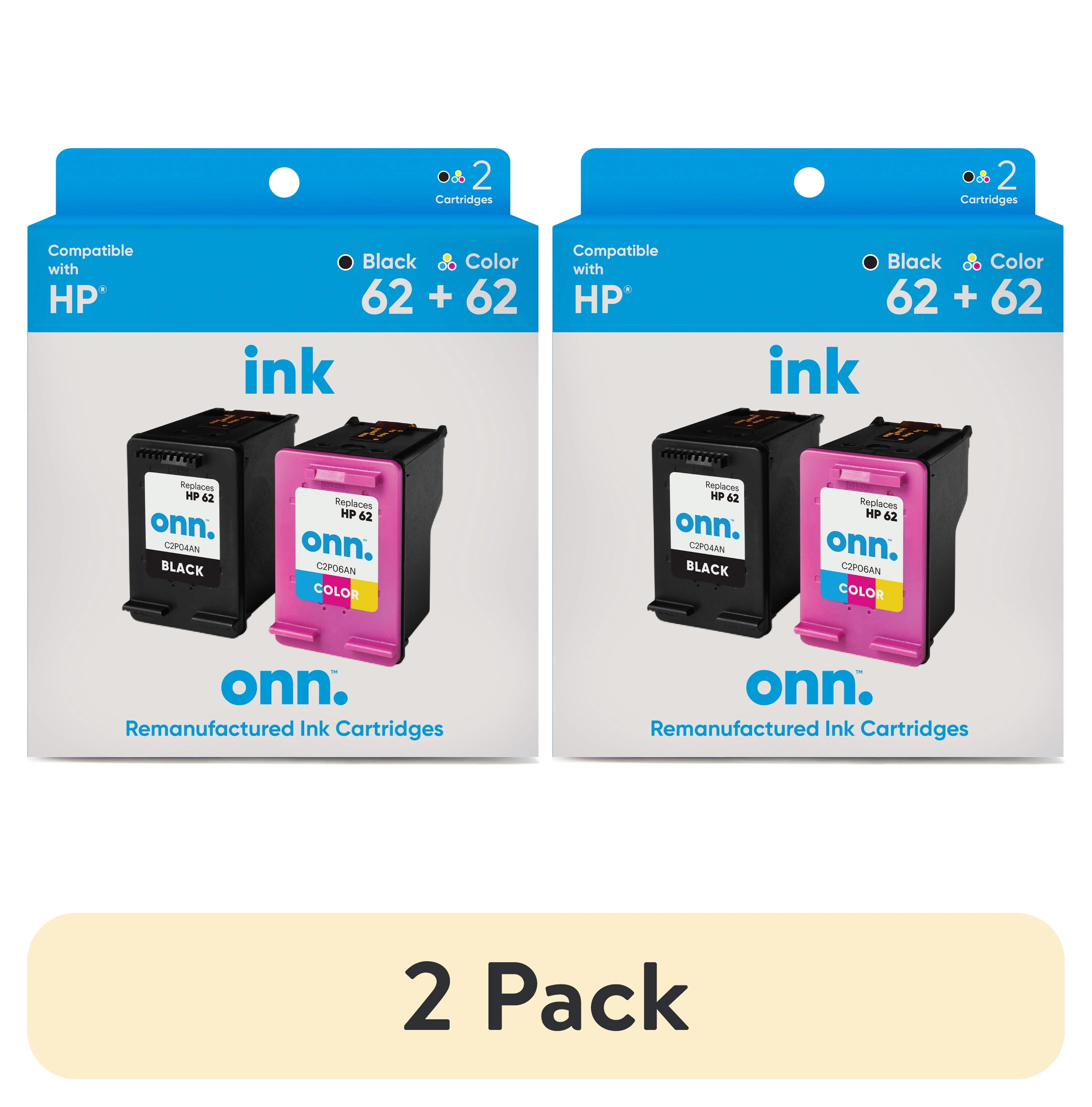 (2 pack) onn. HP 62 Black and 62 Tri-Color Ink, 2 Cartridges