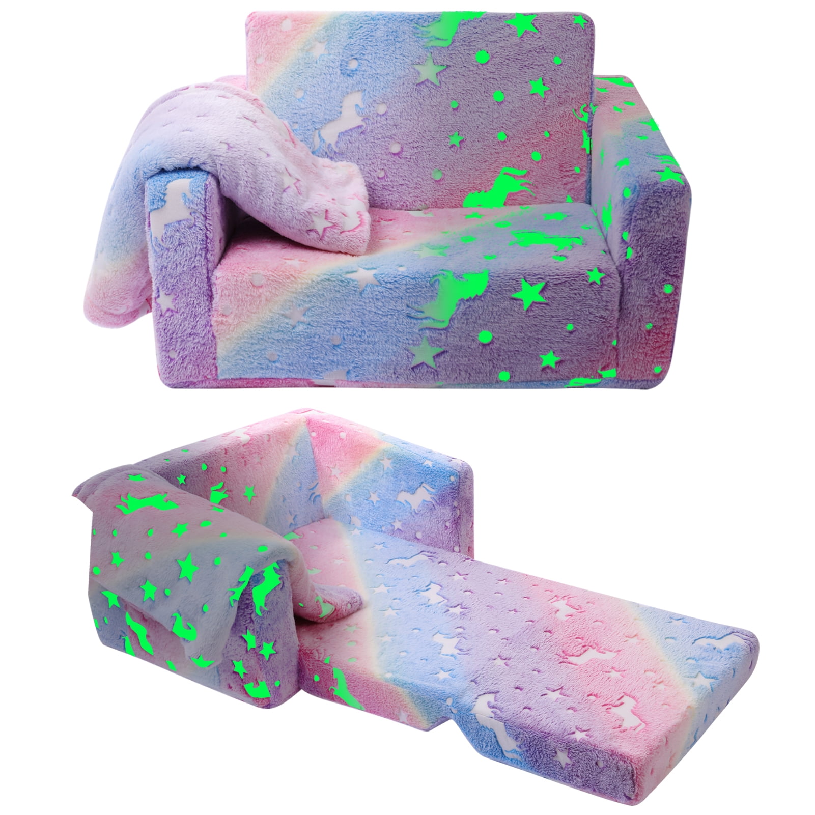 sixwipe Kids Couch Fold Out, 2-in-1 Toddler Chairs with Blanket, Glow in The Dark Kids Sofa, Kids Chair Convertible Sofa to Lounger, Extra Soft Flip Open Chair & Sleeper, Kids Couch for Girls Boys