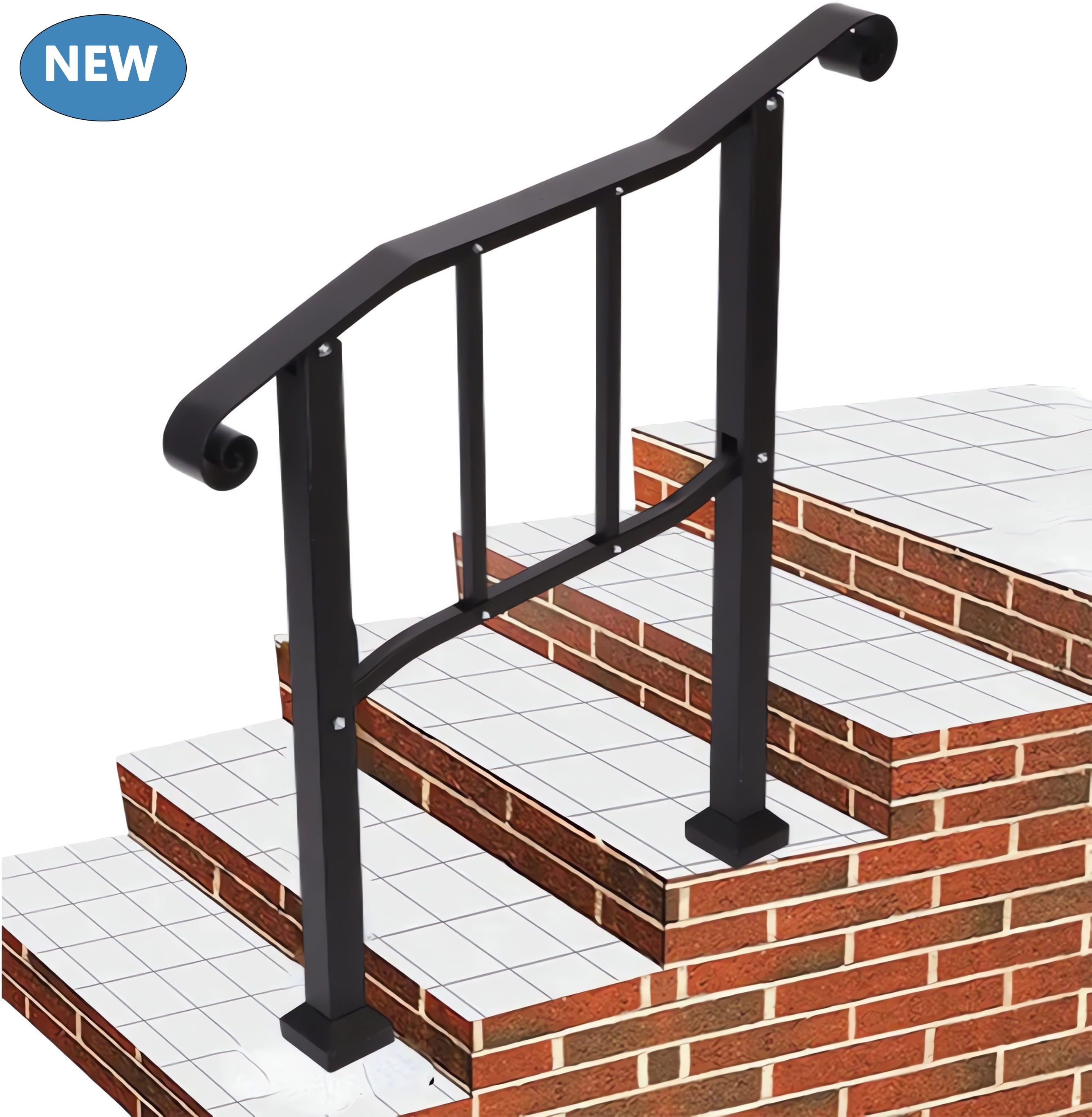 tonchean Iron Handrail for Stairs Fits 2 or 3 Steps, 39"L x 40"H Outdoor Stair Railing, Black