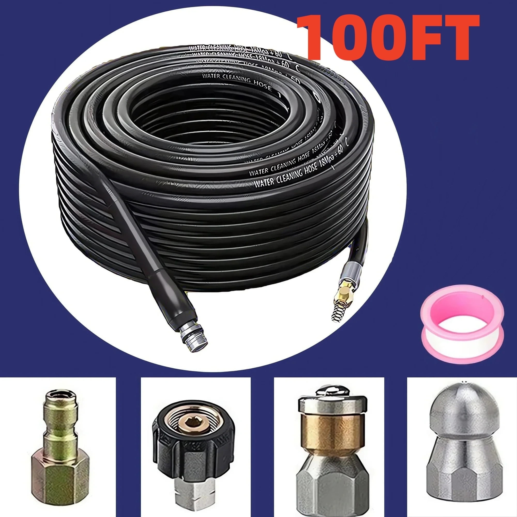 tonchean 100 ft Sewer Jetter Kit, 5800 PSI Drain Cleaner Hose for Pressure Washer 1/4" NPT, with Button Nose and Rotating Nozzle