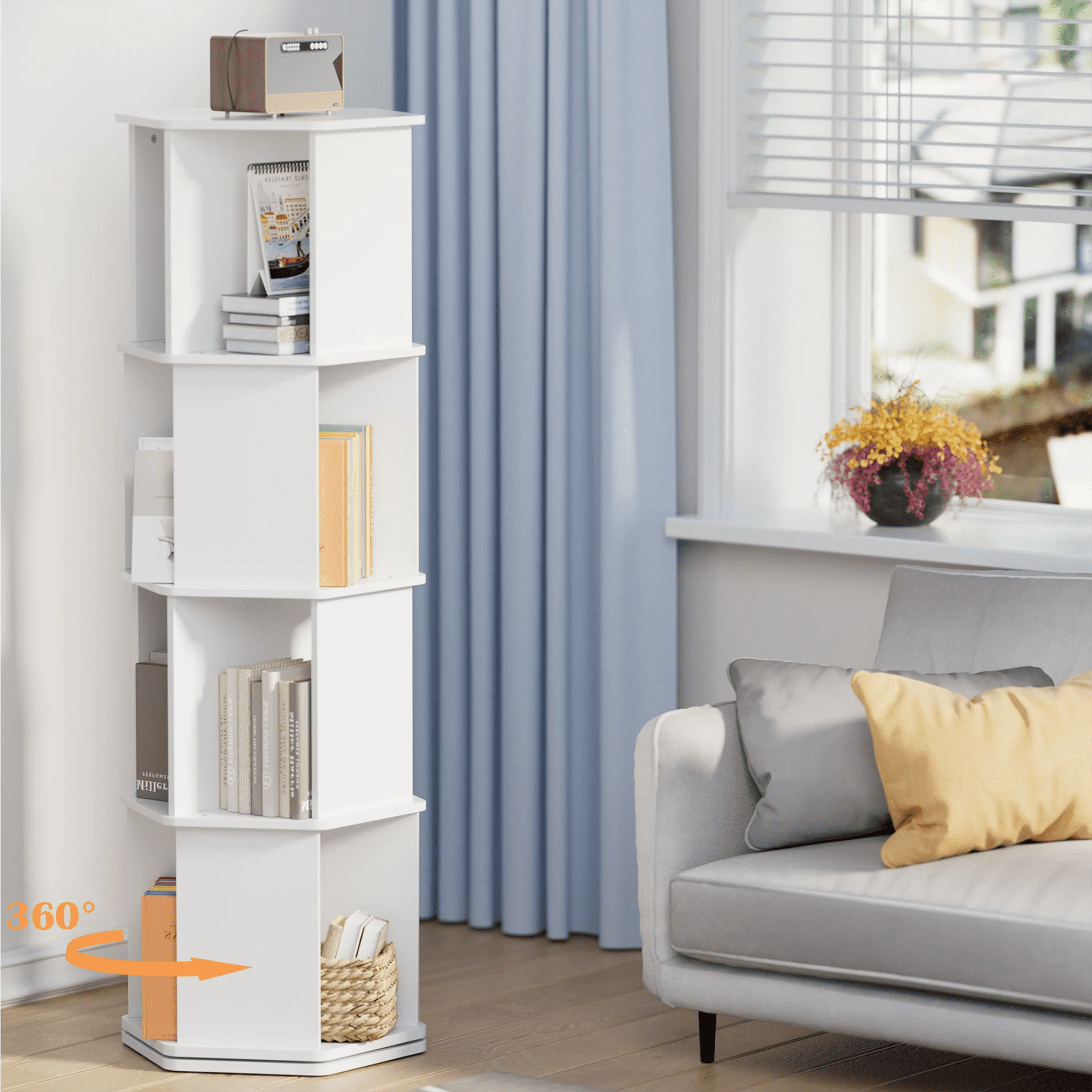 tonchean 4 Tier 360° Rotating Bookshelf, 52"H Floor Standing Bookcase Organizer Rack for Study Gift, White Wood