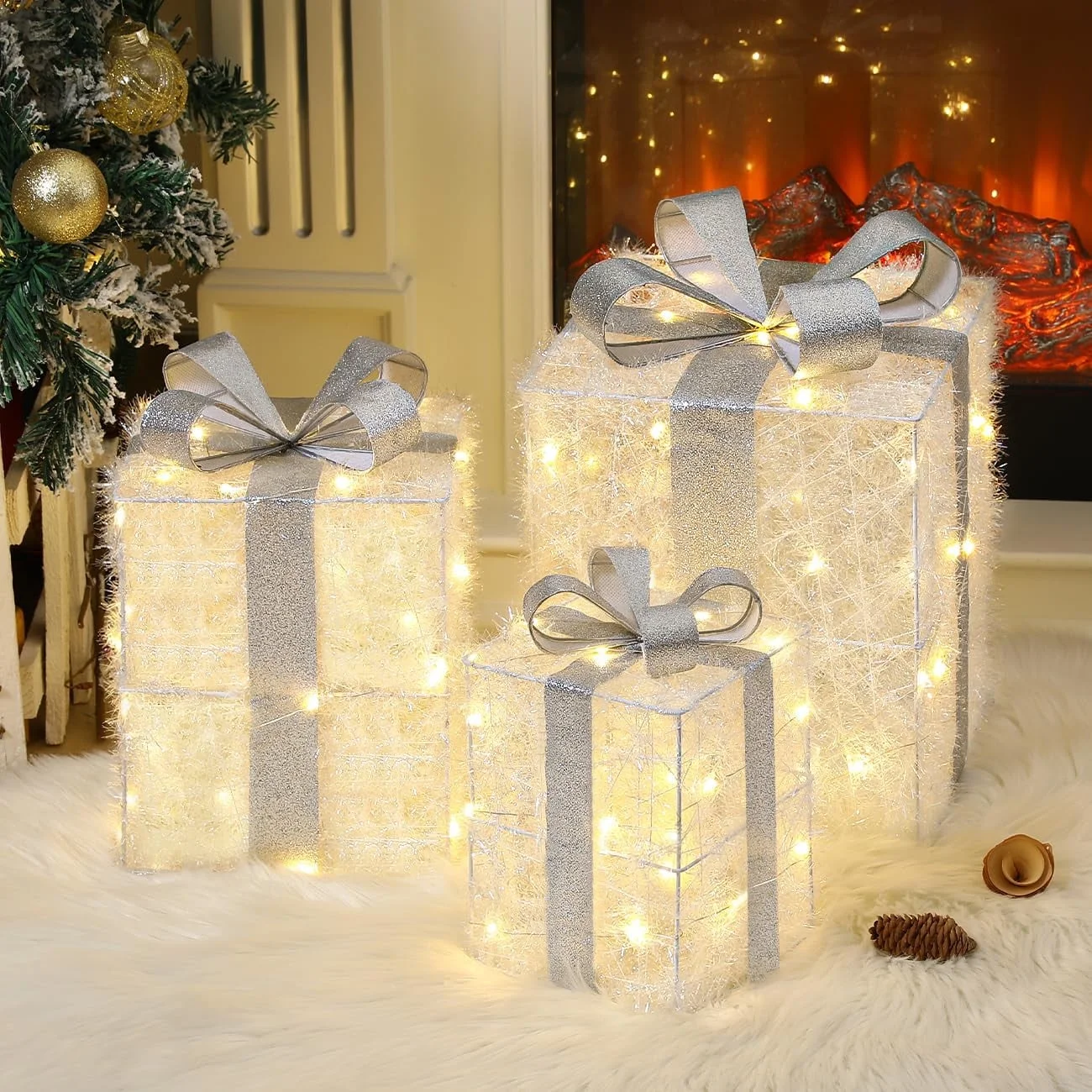 uxspire LED Gift Boxes Set of 3, Battery Operated, Metal Frame, White, 90 LED Bulbs, Indoor/Outdoor